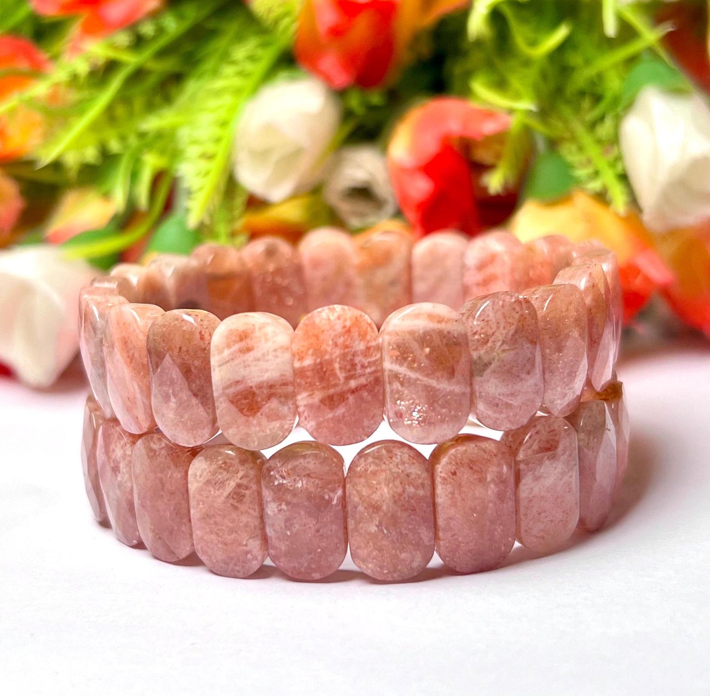 15 MM Peach Moonstone Bracelet l Stretchable Bracelet