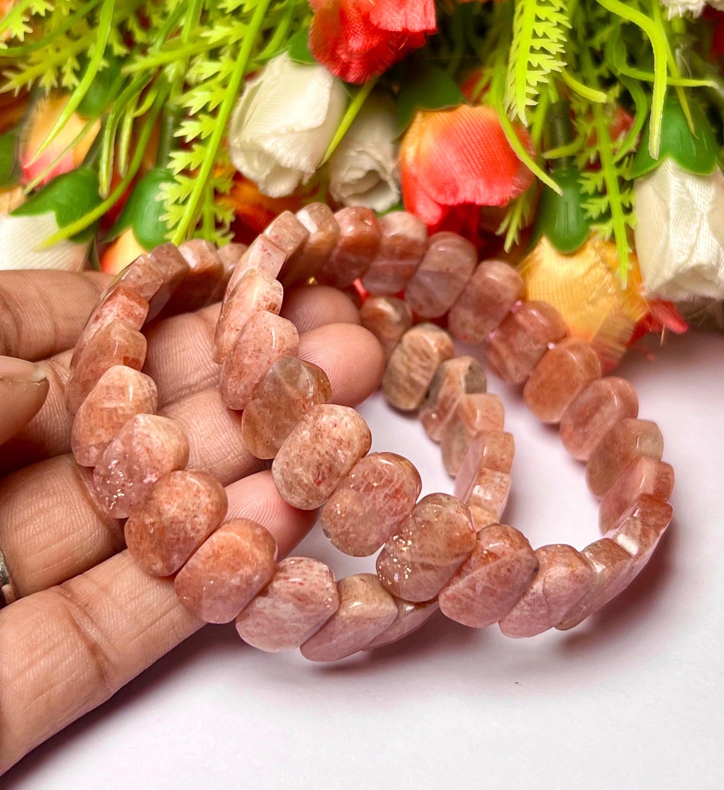 15 MM Peach Moonstone Bracelet l Stretchable Bracelet