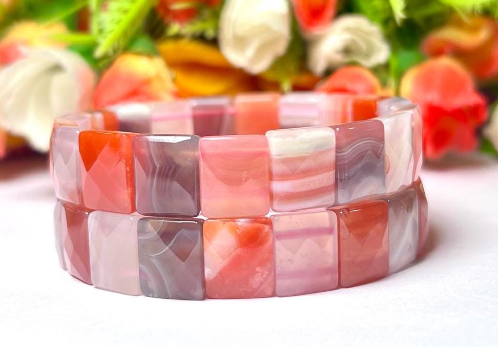 15 MM Pink Botswana Agate Stone Bracelet l Stretchable Bracelet