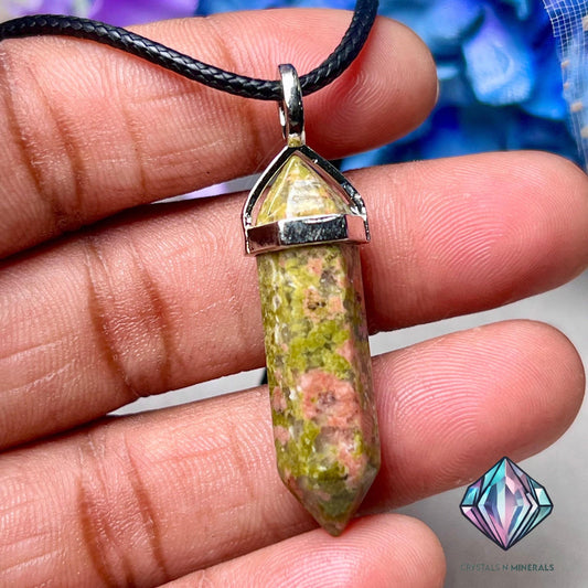 Unakite Stone Double Point Pencil Pendant with Black Cord