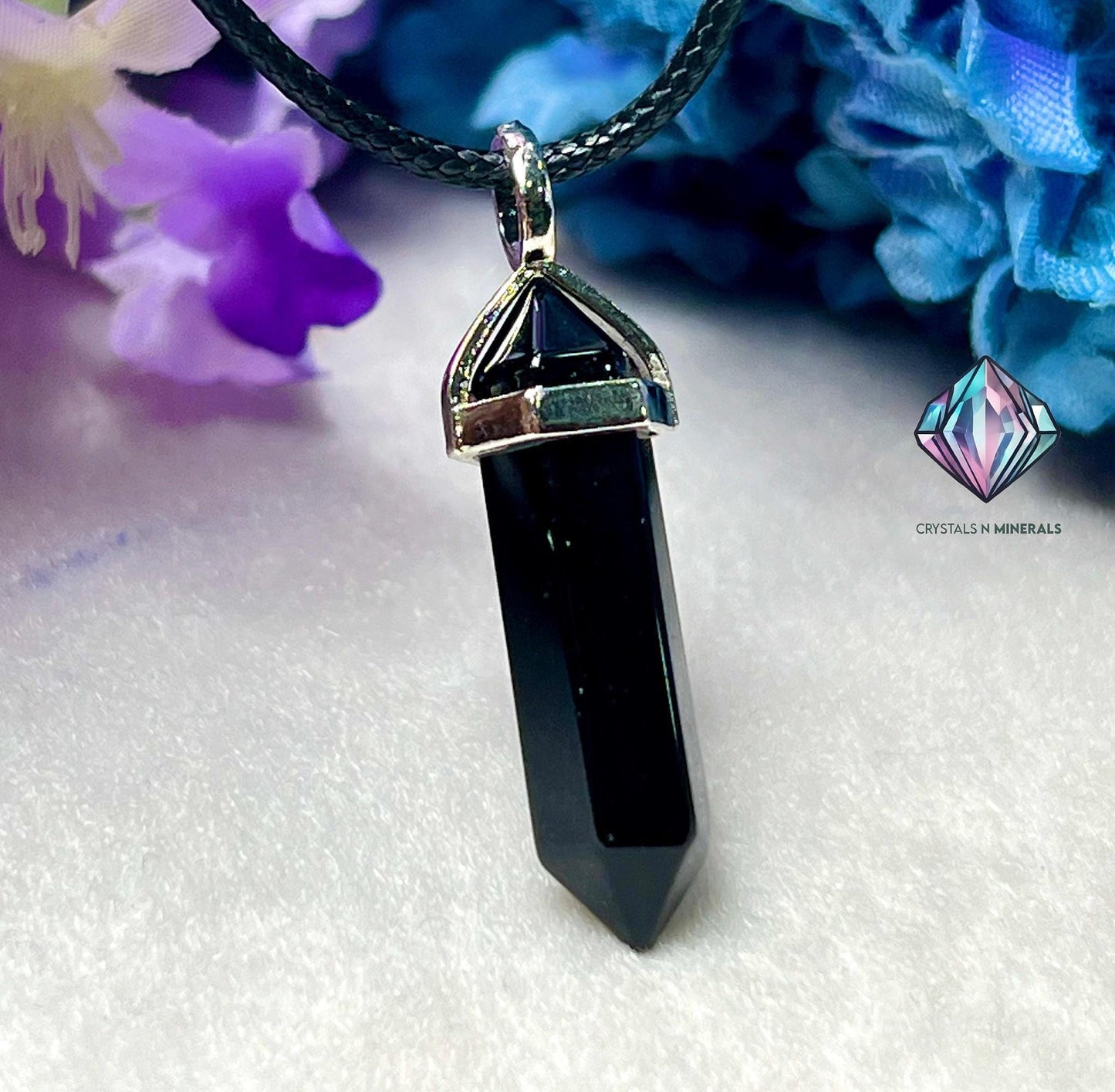 Black Onyx Stone Double Point Pencil Pendant with Black Cord