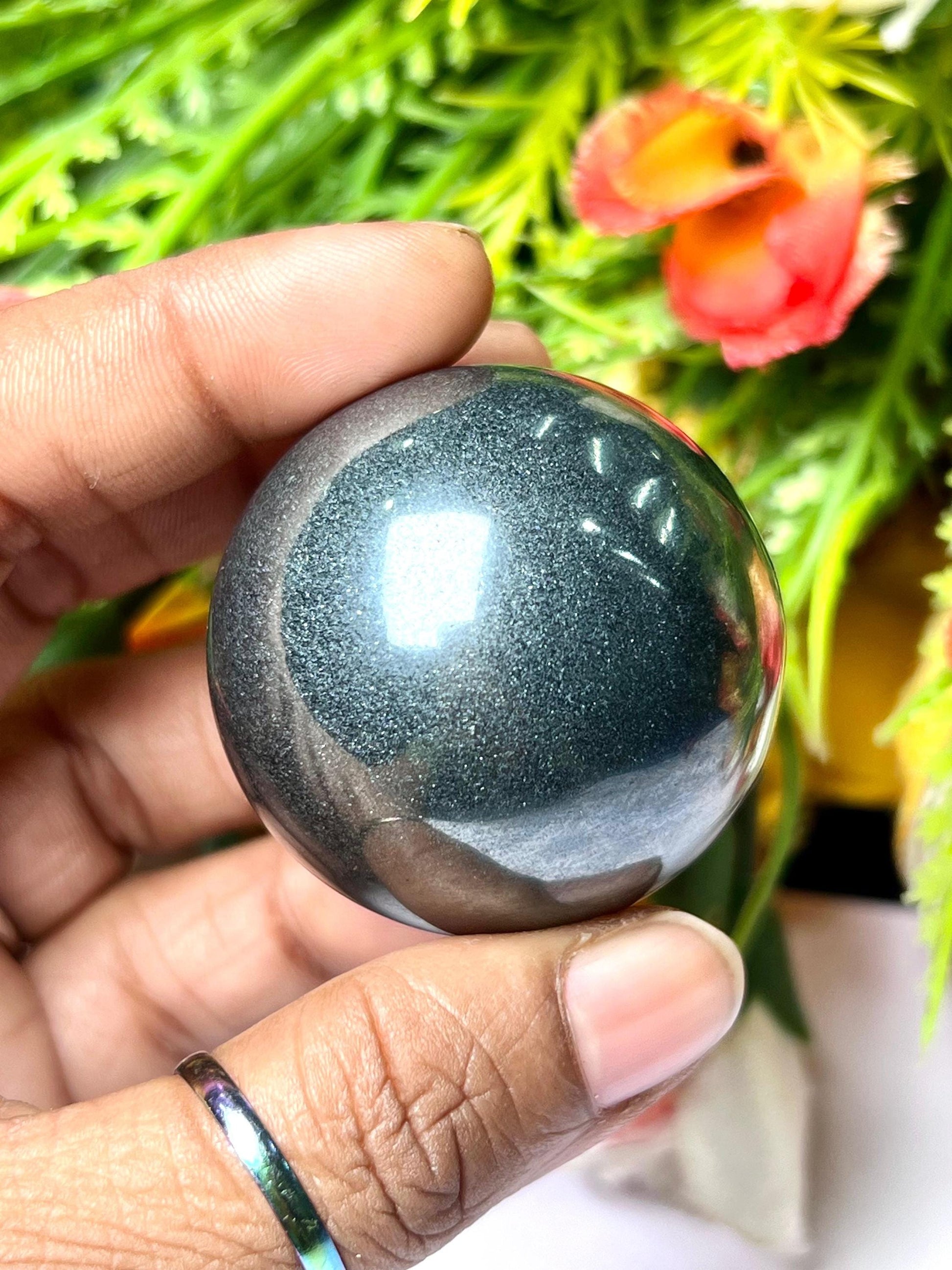 Silver Hematite Stone Sphere 40 MM Crystal Ball Orb Pocket Stone Meditation Space Crystal Grid With wooden Stand