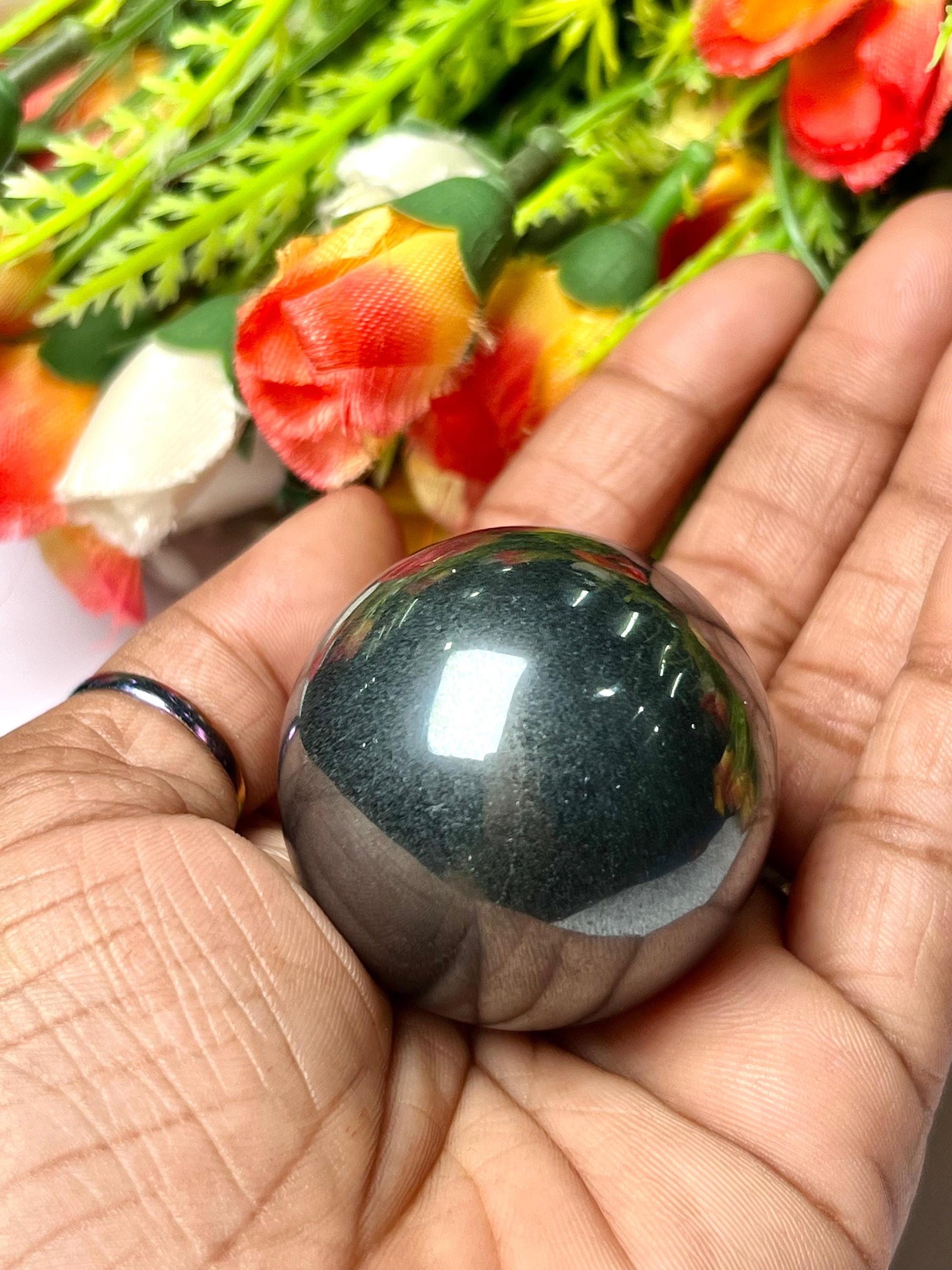 Silver Hematite Stone Sphere 40 MM Crystal Ball Orb Pocket Stone Meditation Space Crystal Grid With wooden Stand