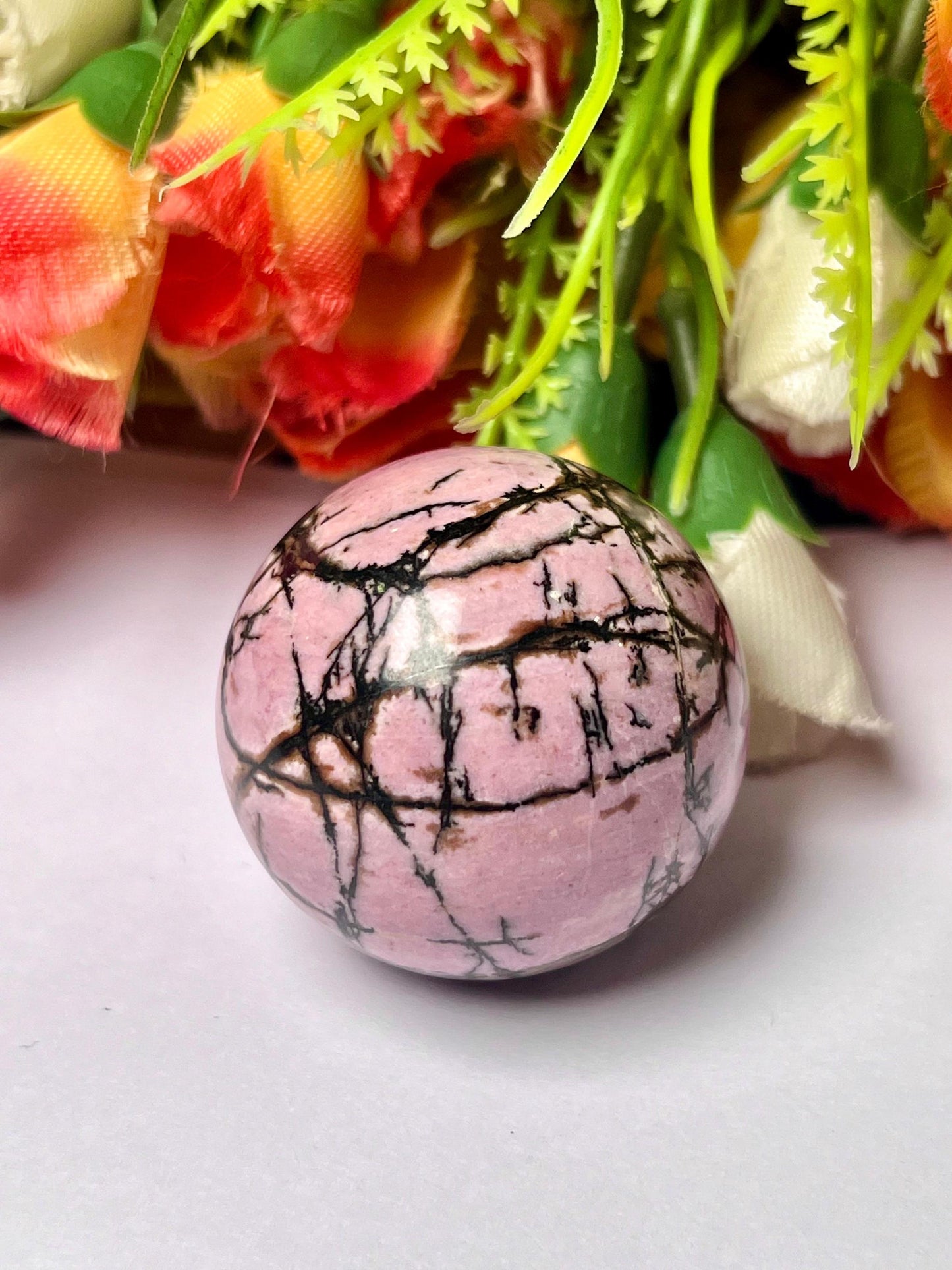 Rhodonite Stone Sphere 40 MM Crystal Ball Orb Pocket Stone Meditation Space Crystal Grid With wooden Stand