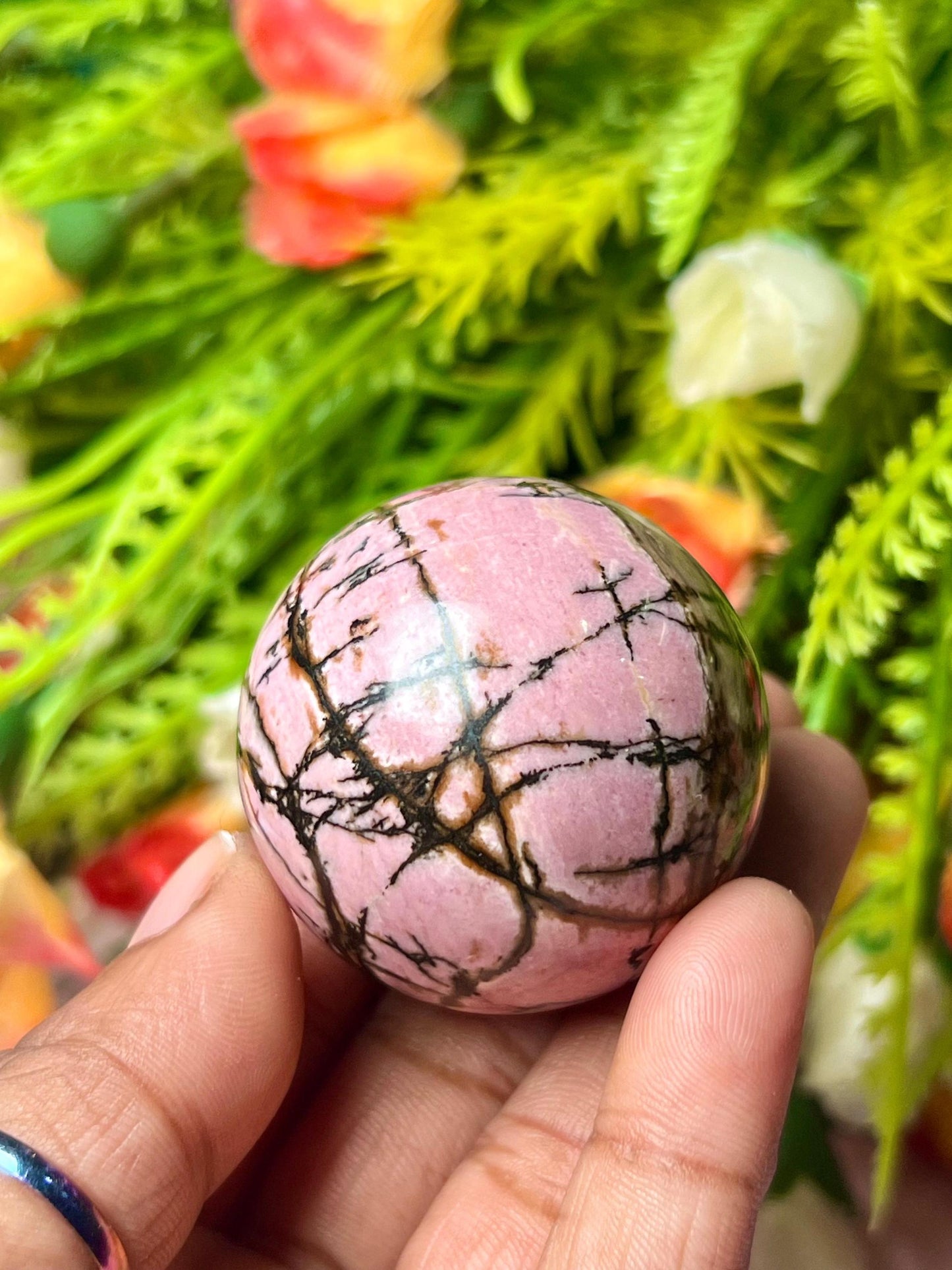 Rhodonite Stone Sphere 40 MM Crystal Ball Orb Pocket Stone Meditation Space Crystal Grid With wooden Stand