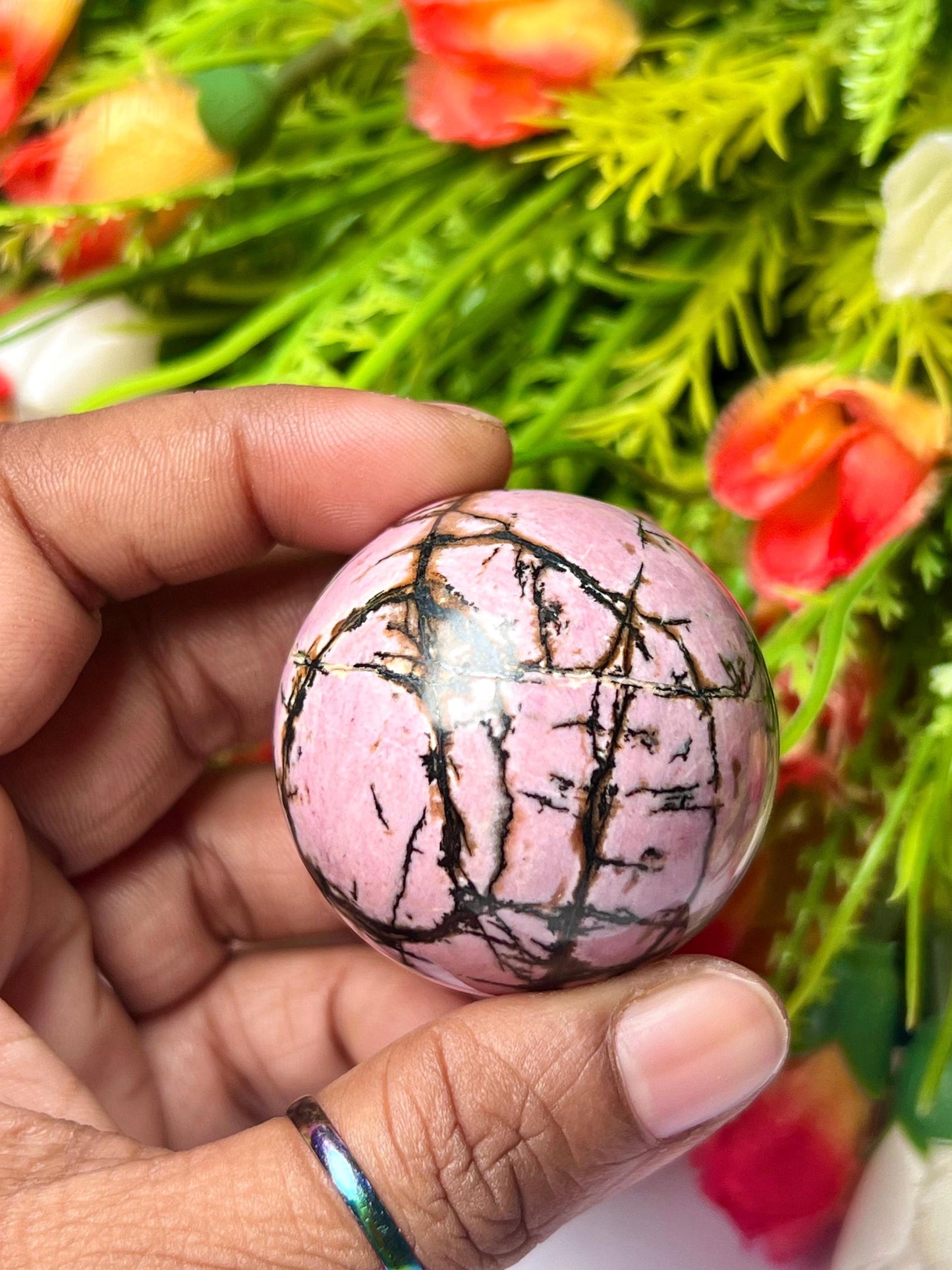 Rhodonite Stone Sphere 40 MM Crystal Ball Orb Pocket Stone Meditation Space Crystal Grid With wooden Stand