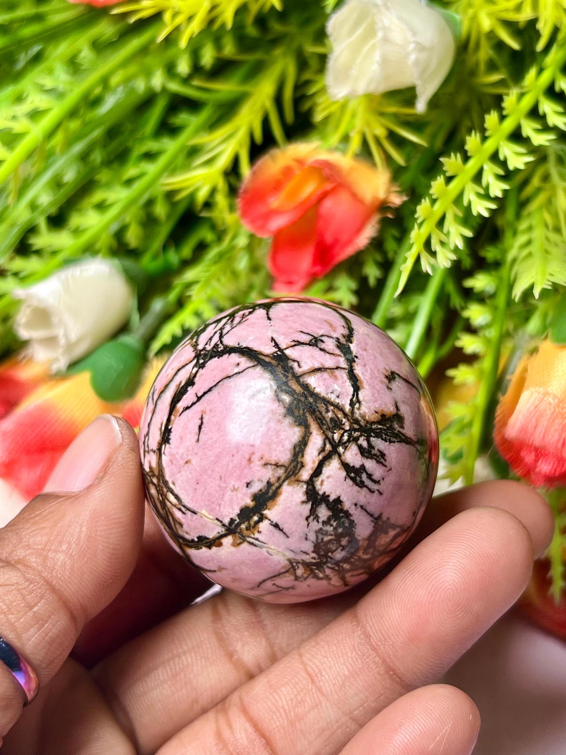 Rhodonite Stone Sphere 40 MM Crystal Ball Orb Pocket Stone Meditation Space Crystal Grid With wooden Stand