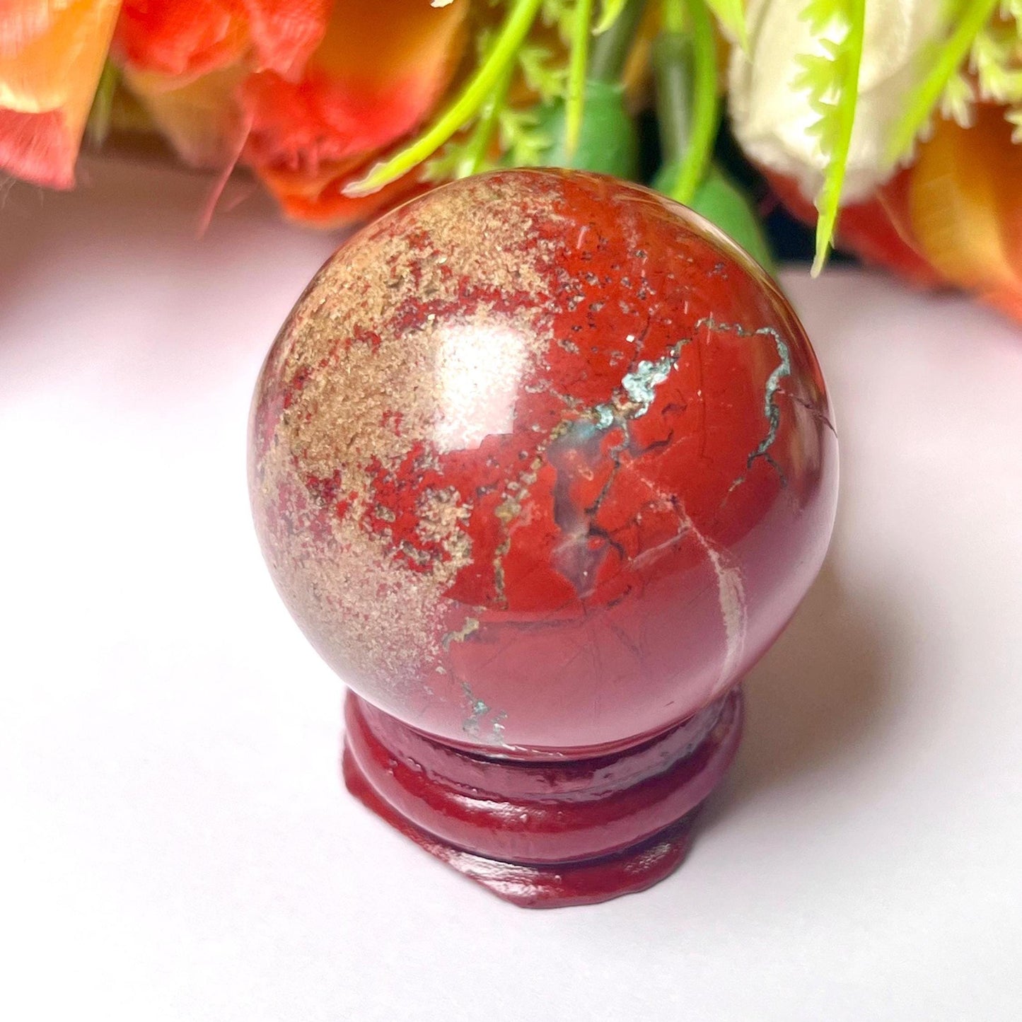 Red Jasper Stone Sphere 40 MM Crystal Ball Orb Pocket Stone Meditation Space Crystal Grid With wooden Stand