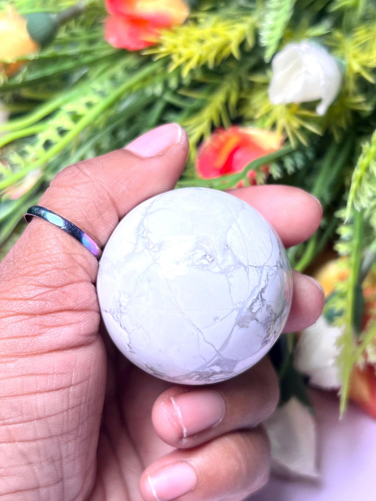 Howlite Stone Sphere 40 MM Crystal Ball Orb Pocket Stone Meditation Space Crystal Grid With wooden Stand