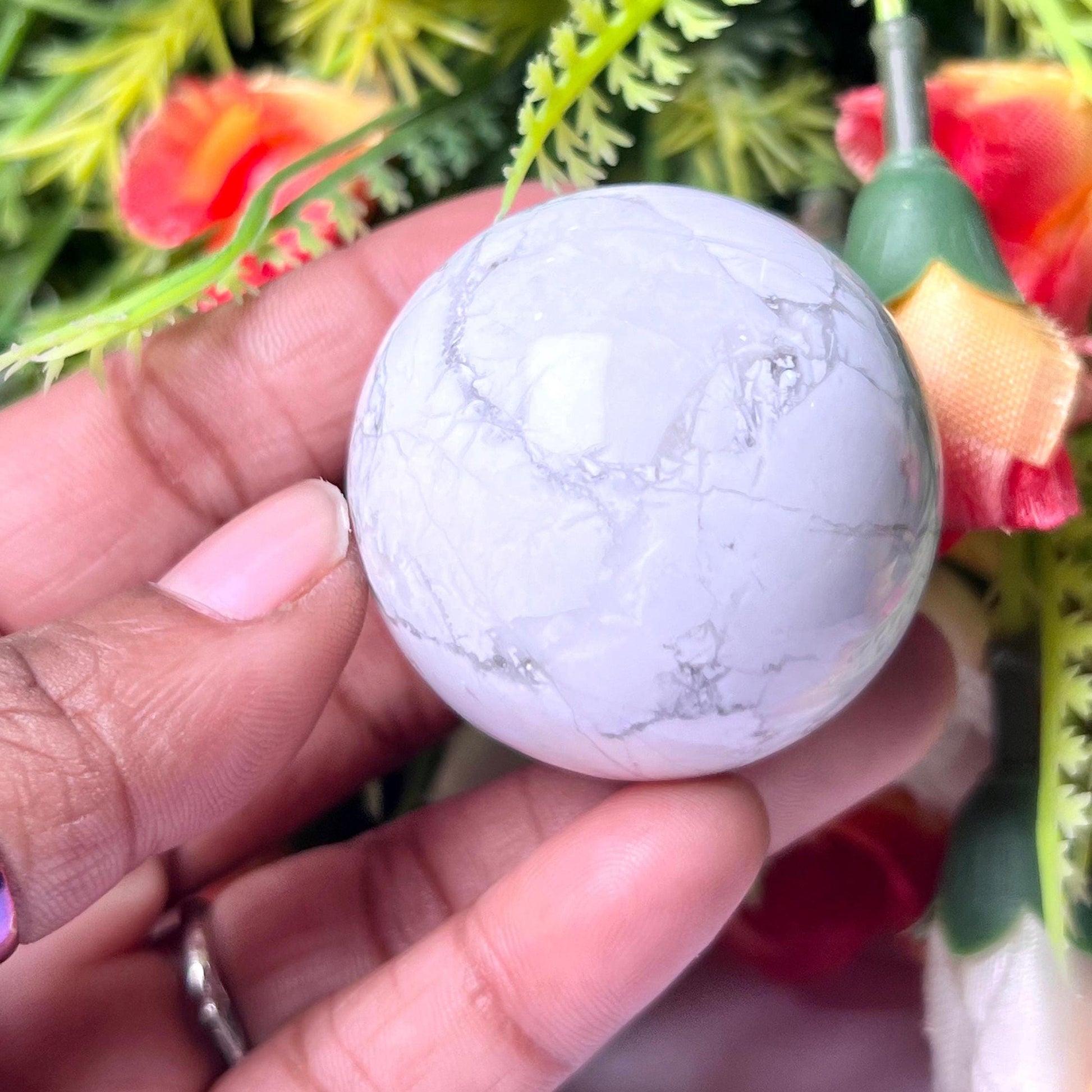 Howlite Stone Sphere 40 MM Crystal Ball Orb Pocket Stone Meditation Space Crystal Grid With wooden Stand