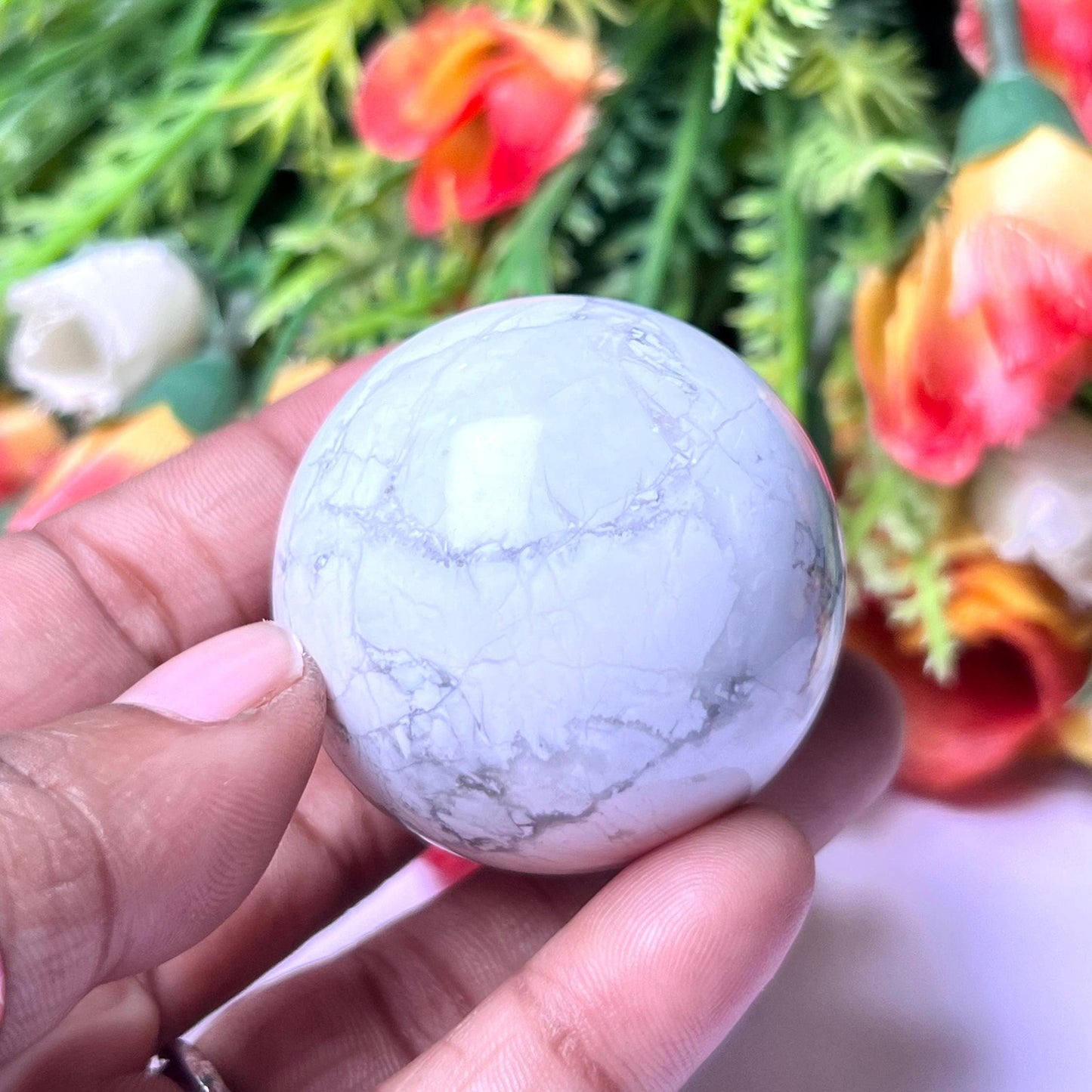 Howlite Stone Sphere 40 MM Crystal Ball Orb Pocket Stone Meditation Space Crystal Grid With wooden Stand