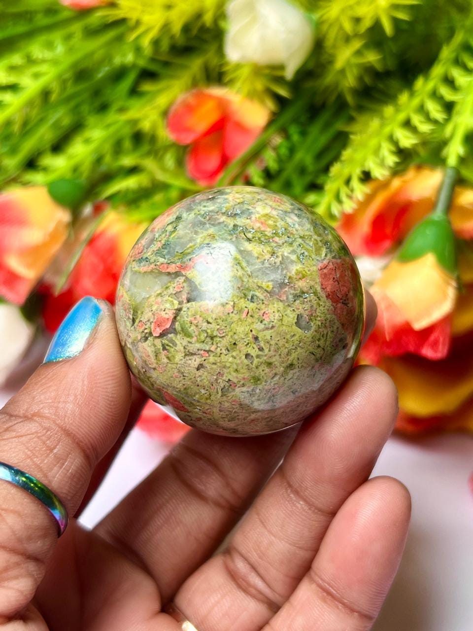 Unakite Jasper Stone Sphere 40 MM Crystal Ball Orb Pocket Stone Meditation Space Crystal Grid With wooden Stand