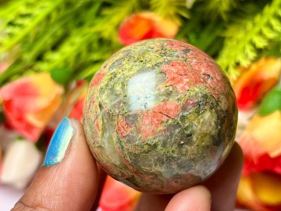 Unakite Jasper Stone Sphere 40 MM Crystal Ball Orb Pocket Stone Meditation Space Crystal Grid With wooden Stand