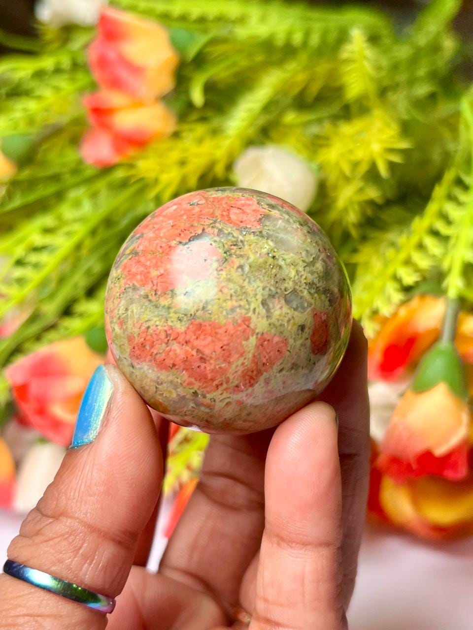 Unakite Jasper Stone Sphere 40 MM Crystal Ball Orb Pocket Stone Meditation Space Crystal Grid With wooden Stand