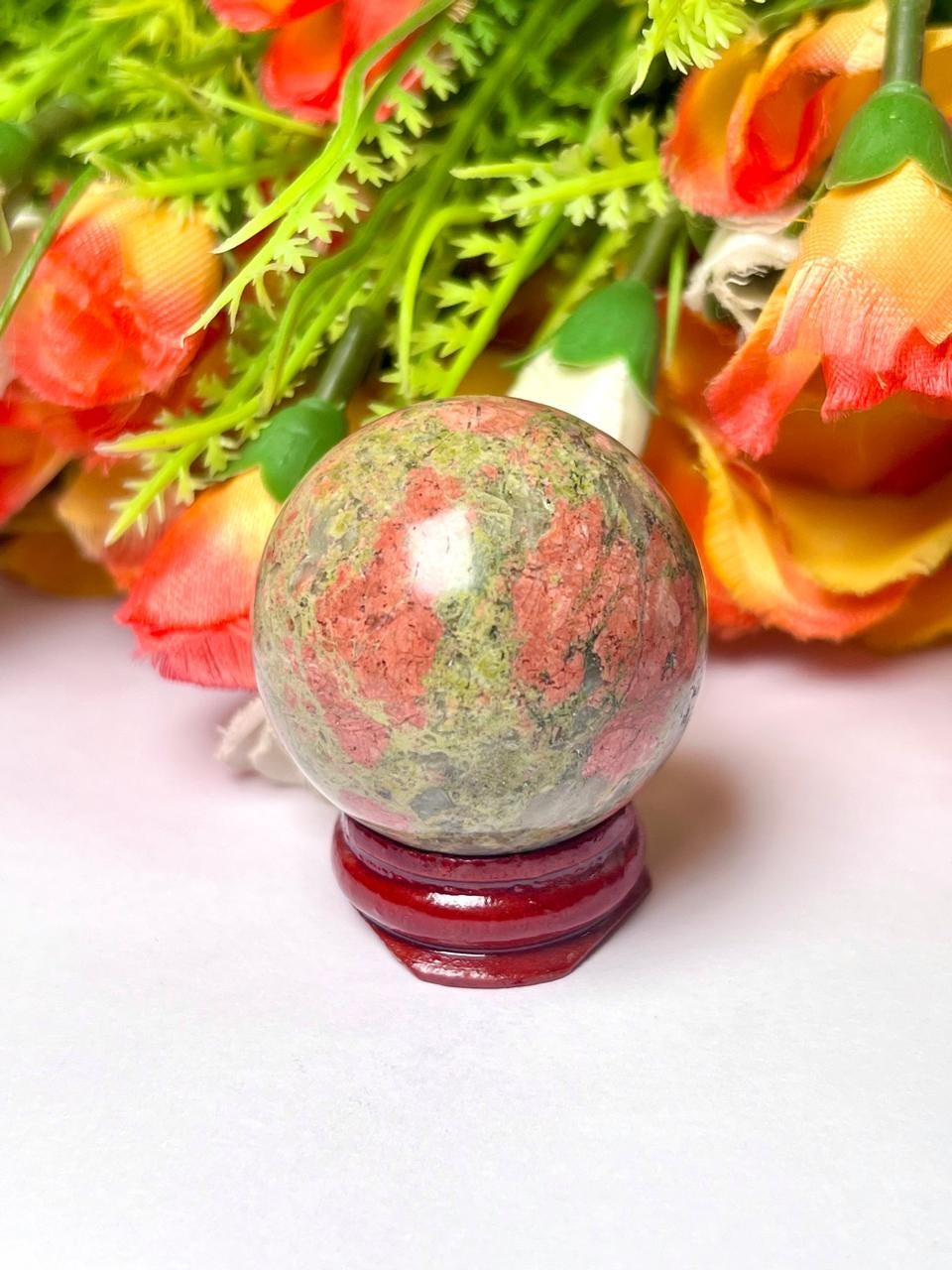 Unakite Jasper Stone Sphere 40 MM Crystal Ball Orb Pocket Stone Meditation Space Crystal Grid With wooden Stand