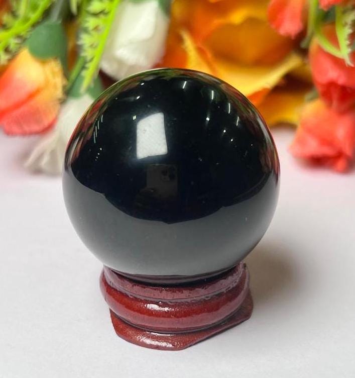 Black Obsidian Stone Sphere 40 MM Crystal Ball Orb Pocket Stone Meditation Space Crystal Grid With wooden Stand