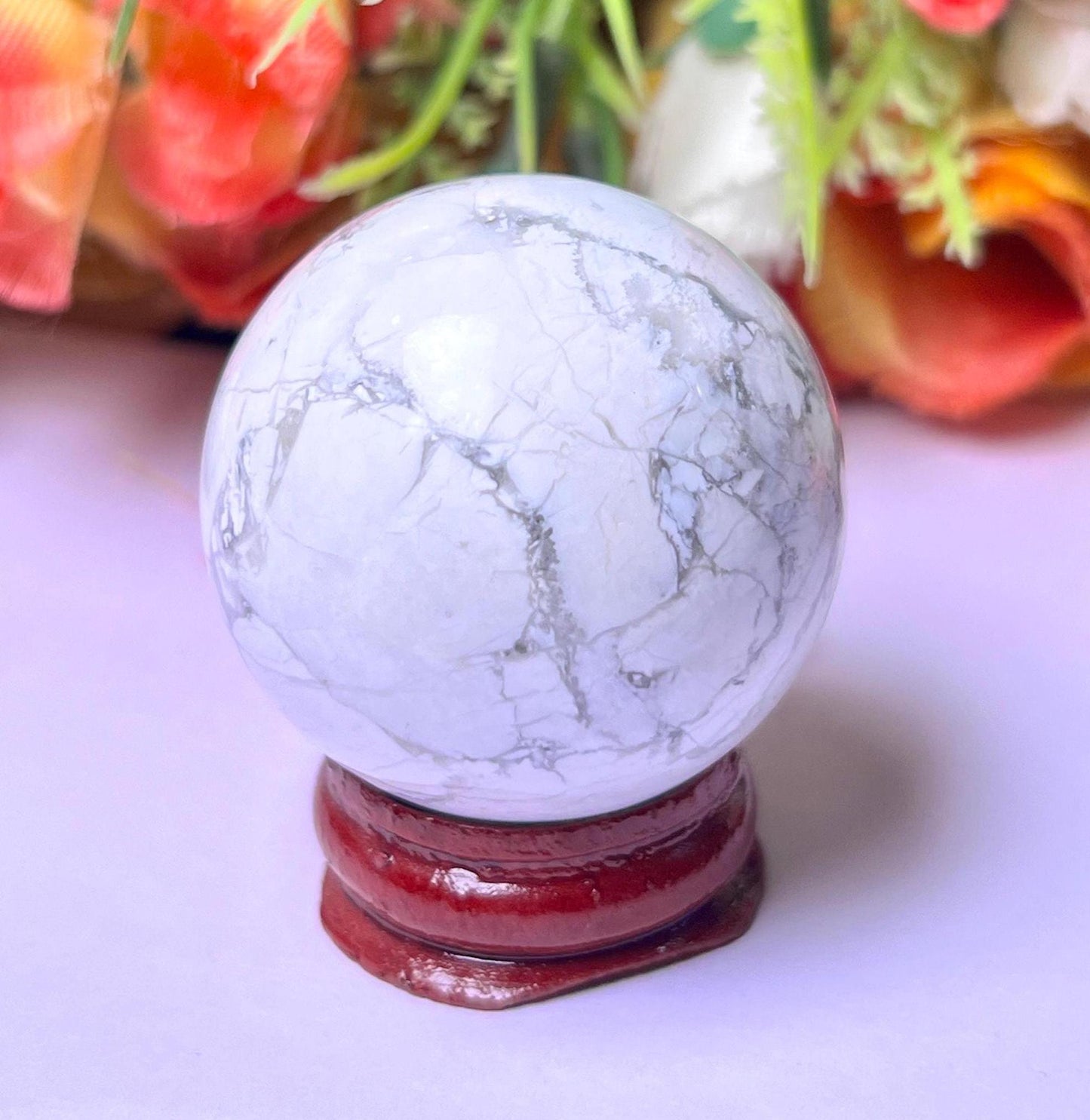 Howlite Stone Sphere 40 MM Crystal Ball Orb Pocket Stone Meditation Space Crystal Grid With wooden Stand