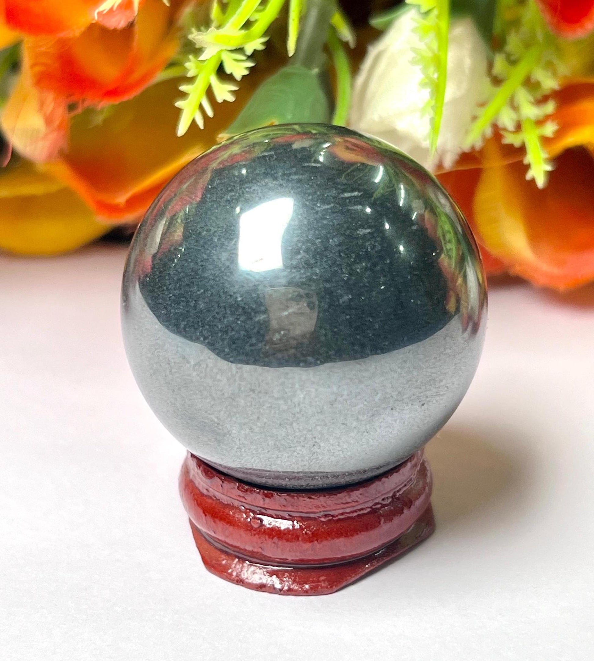 Silver Hematite Stone Sphere 40 MM Crystal Ball Orb Pocket Stone Meditation Space Crystal Grid With wooden Stand