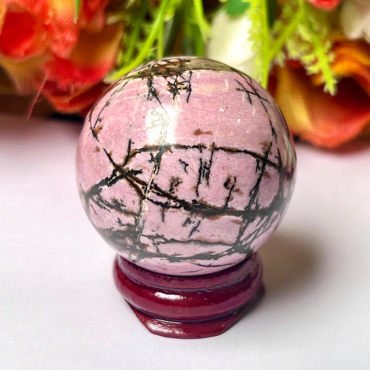 Rhodonite Stone Sphere 40 MM Crystal Ball Orb Pocket Stone Meditation Space Crystal Grid With wooden Stand