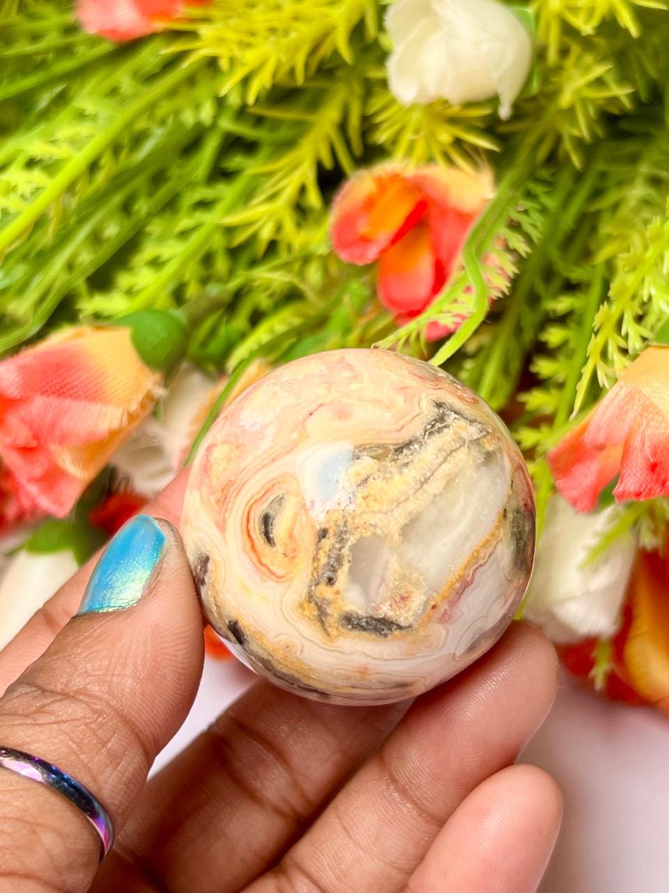 Crazy Lace Agate Stone Sphere 40 MM Crystal Ball Orb Pocket Stone Meditation Space Crystal Grid With wooden Stand