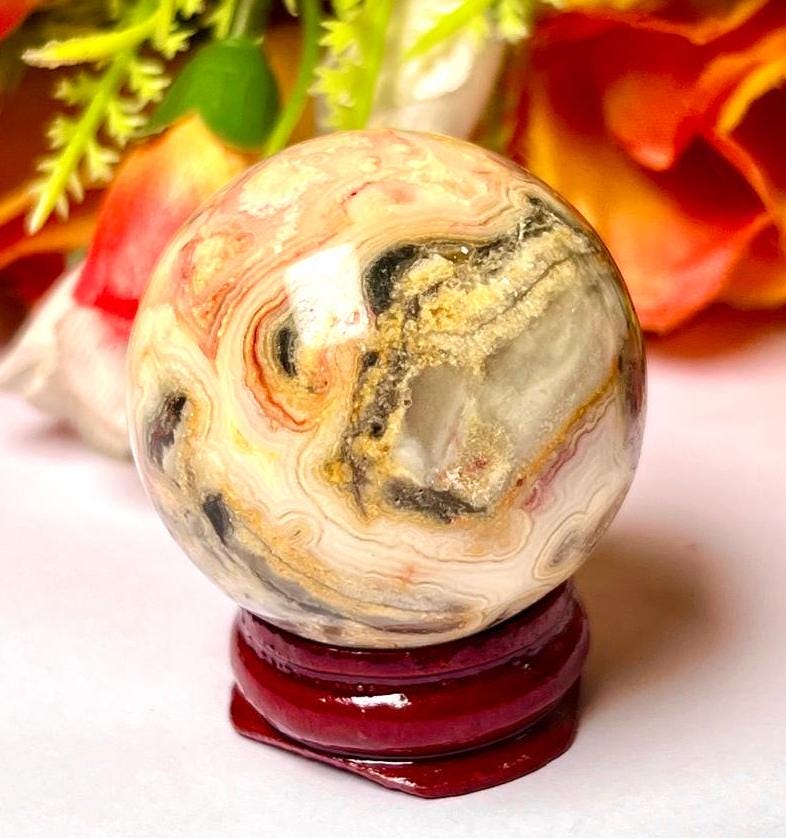 Crazy Lace Agate Stone Sphere 40 MM Crystal Ball Orb Pocket Stone Meditation Space Crystal Grid With wooden Stand