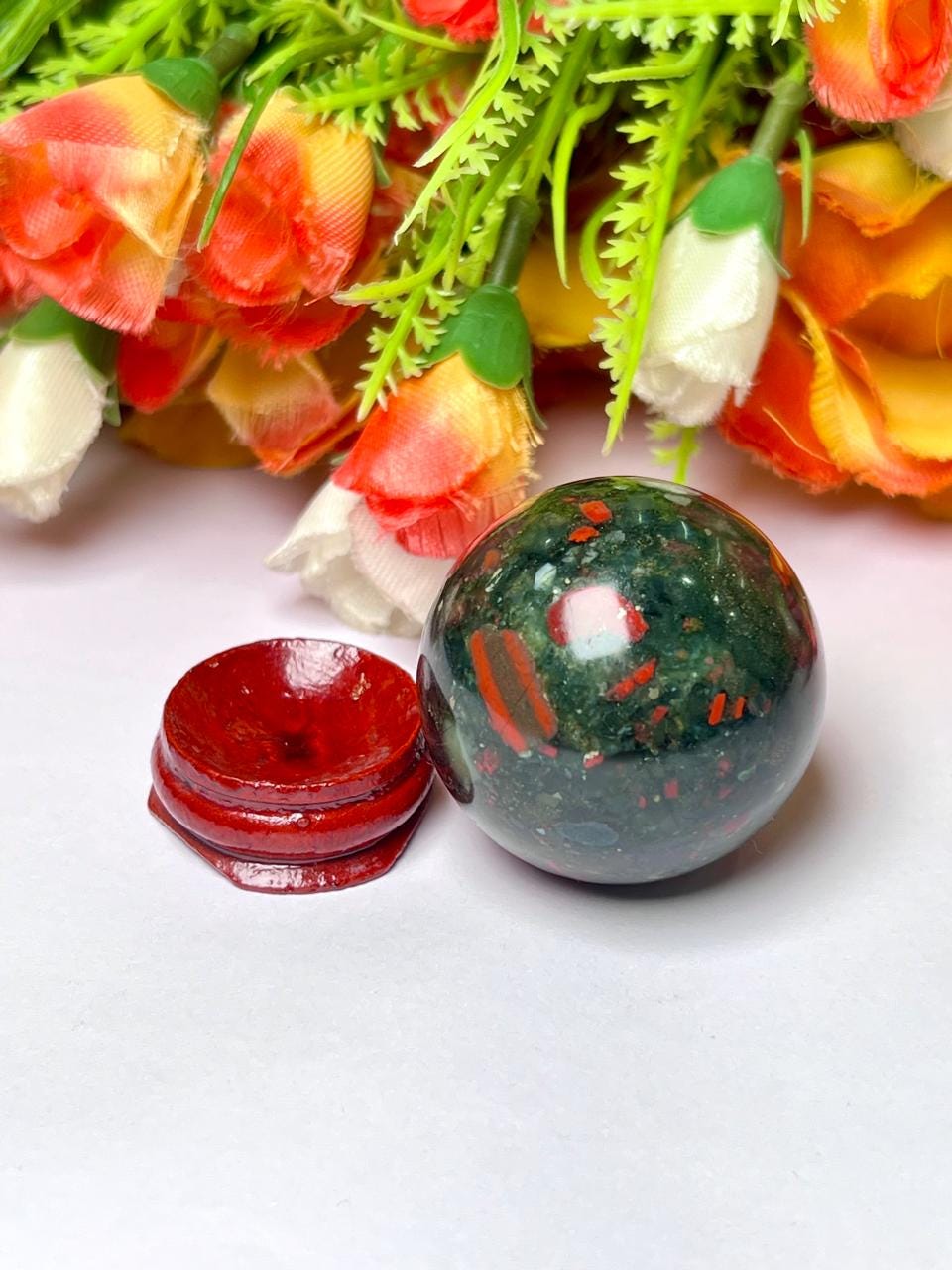 African Blood Stone Stone Sphere 40 MM Crystal Ball Orb Pocket Stone Meditation Space Crystal Grid With wooden Stand