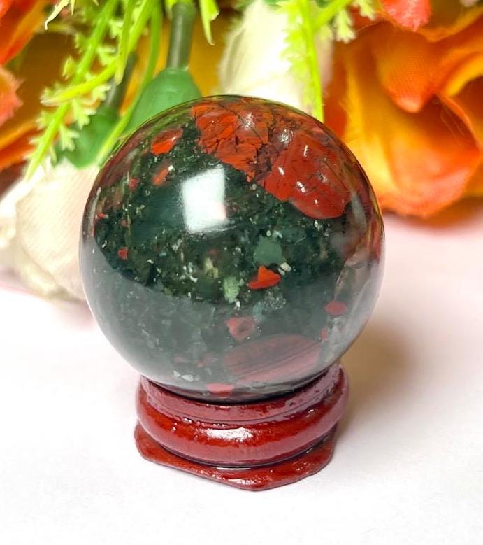 African Blood Stone Stone Sphere 40 MM Crystal Ball Orb Pocket Stone Meditation Space Crystal Grid With wooden Stand