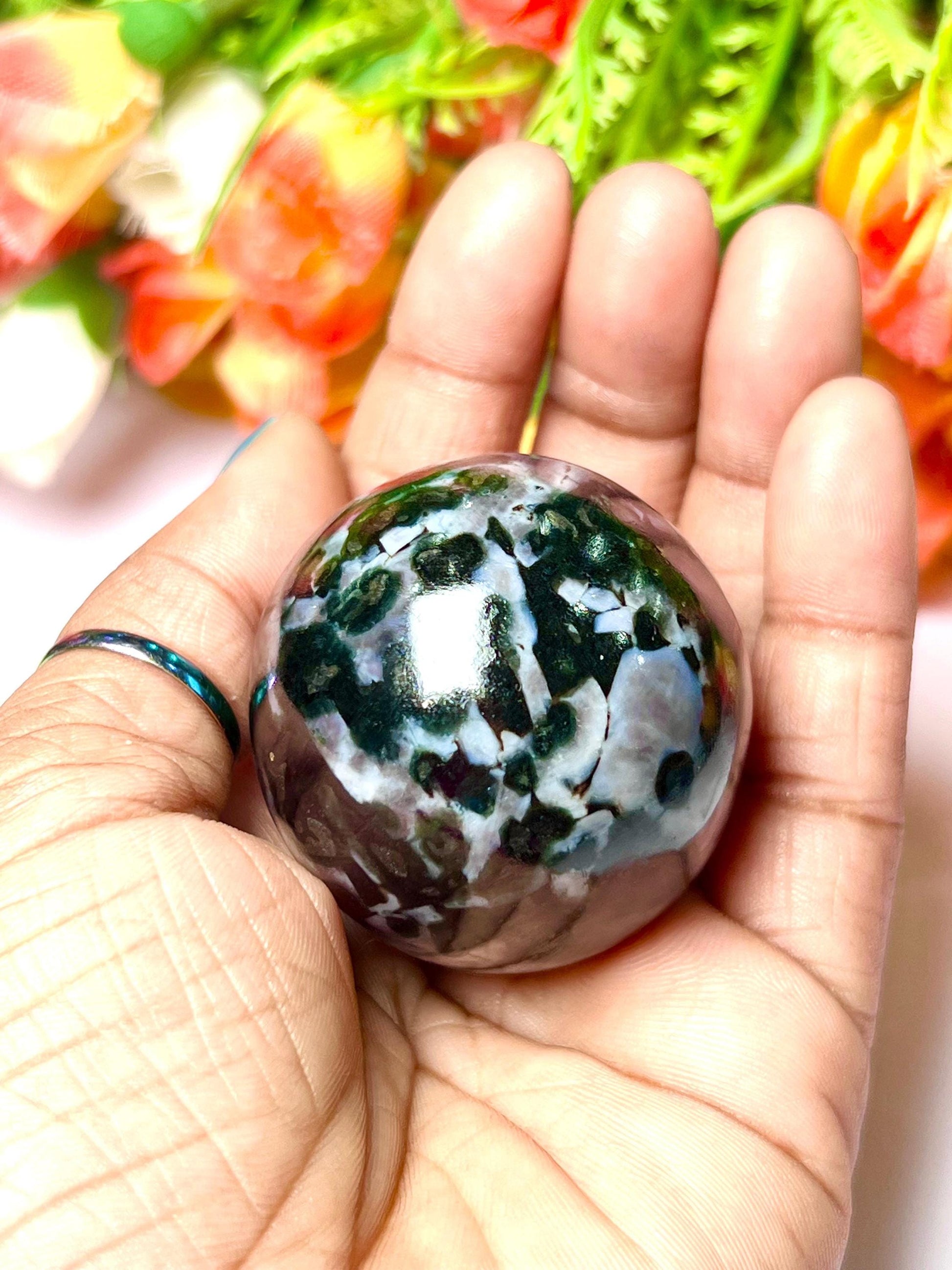 Indigo Gabbro / Mystic Merlinite Stone Sphere 40 MM Crystal Ball Orb Pocket Stone Meditation Space Crystal Grid With wooden Stand