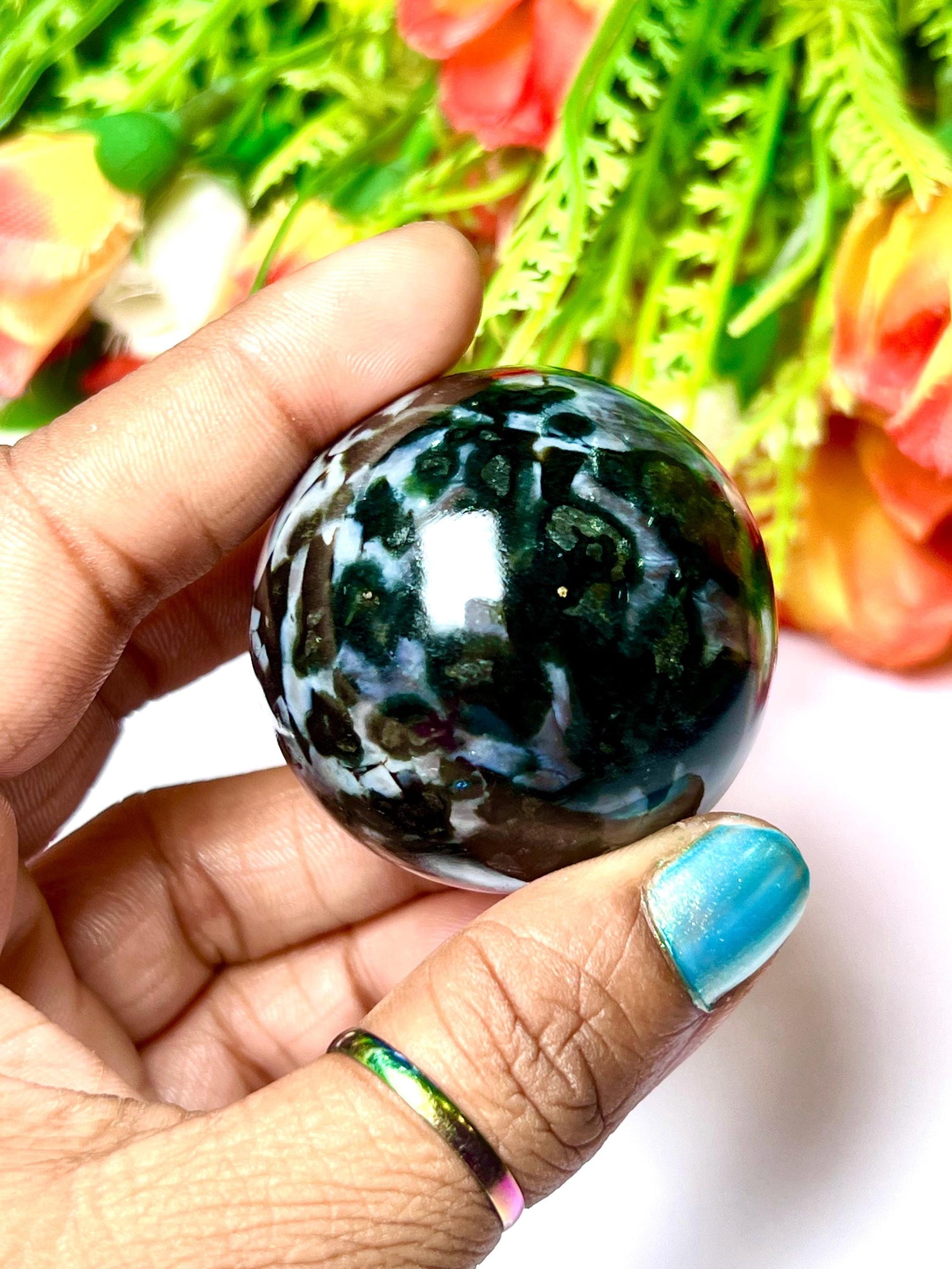 Indigo Gabbro / Mystic Merlinite Stone Sphere 40 MM Crystal Ball Orb Pocket Stone Meditation Space Crystal Grid With wooden Stand