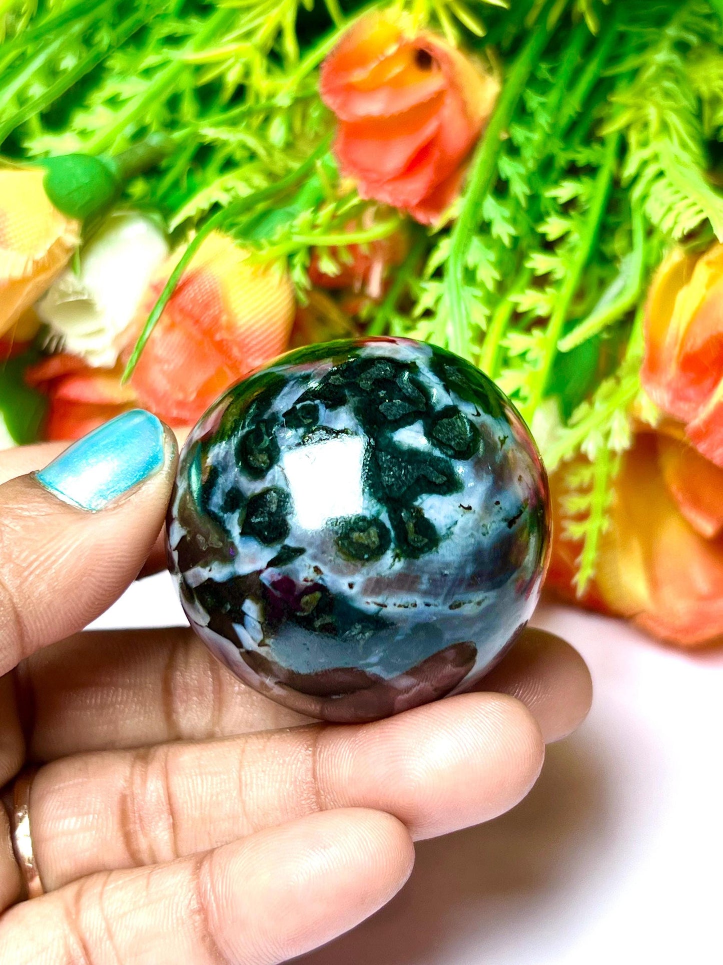 Indigo Gabbro / Mystic Merlinite Stone Sphere 40 MM Crystal Ball Orb Pocket Stone Meditation Space Crystal Grid With wooden Stand