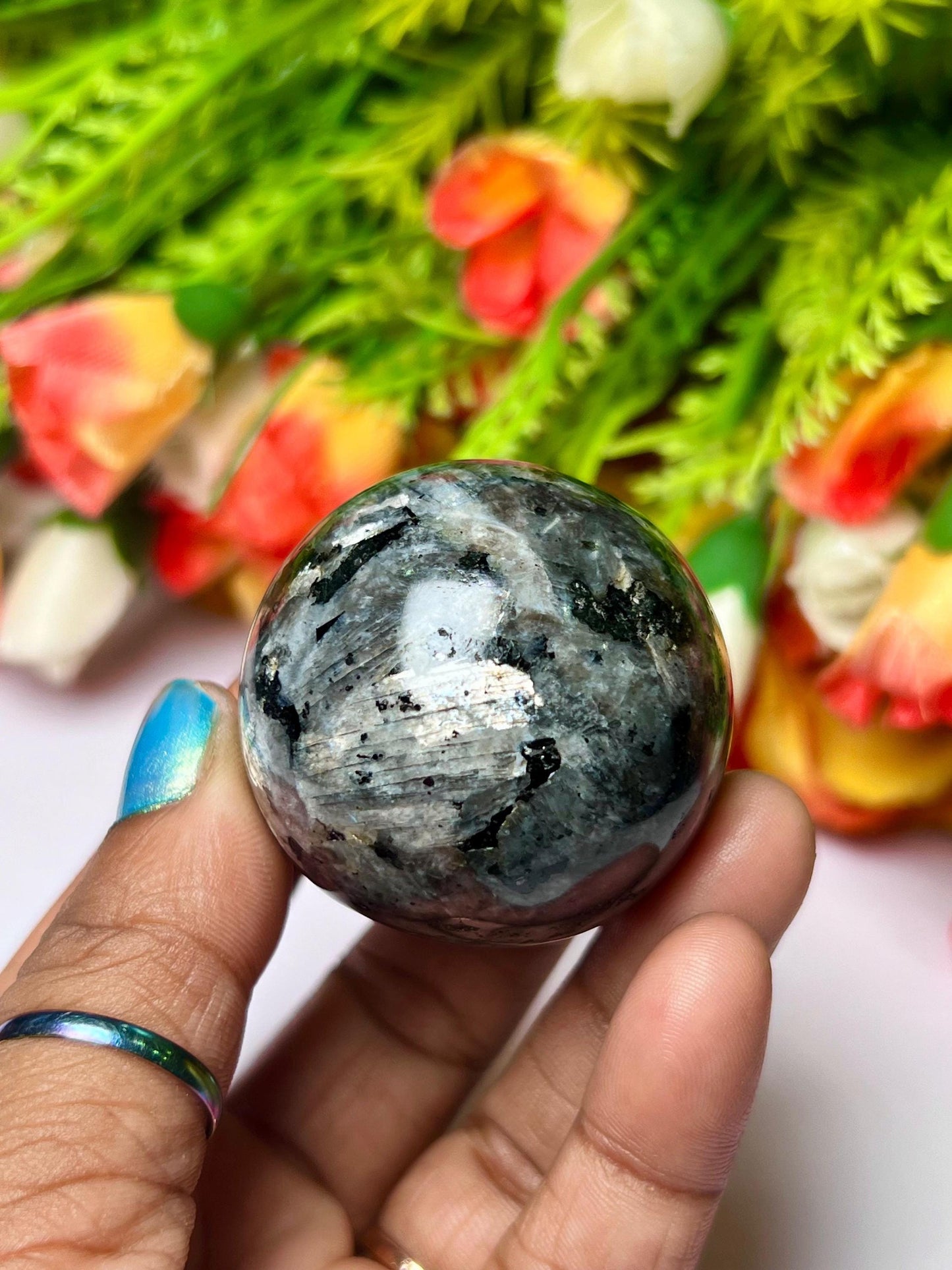 Larvikite Stone Norwegian Labradorite Sphere 40 MM Crystal Ball Orb Pocket Stone Meditation Space Crystal Grid With wooden Stand