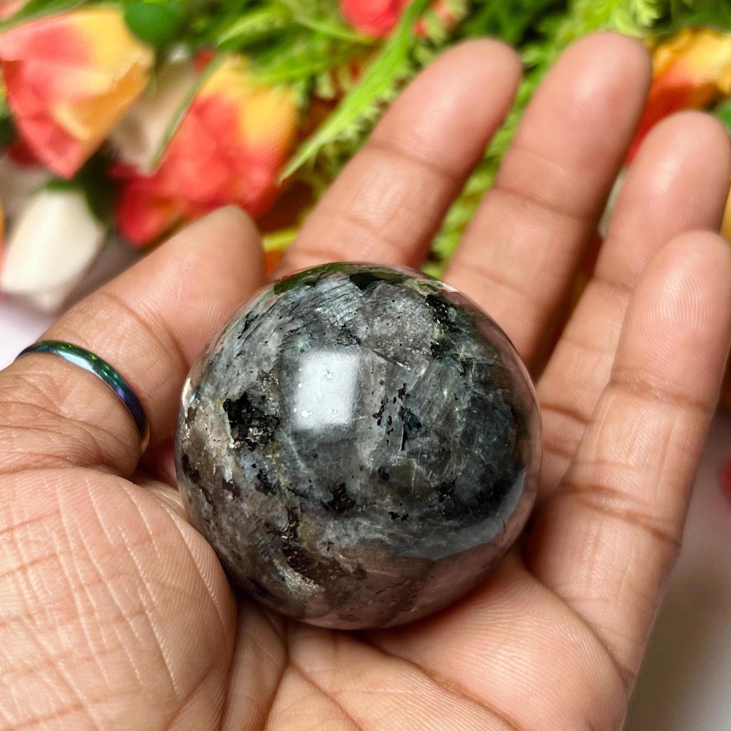 Larvikite Stone Norwegian Labradorite Sphere 40 MM Crystal Ball Orb Pocket Stone Meditation Space Crystal Grid With wooden Stand