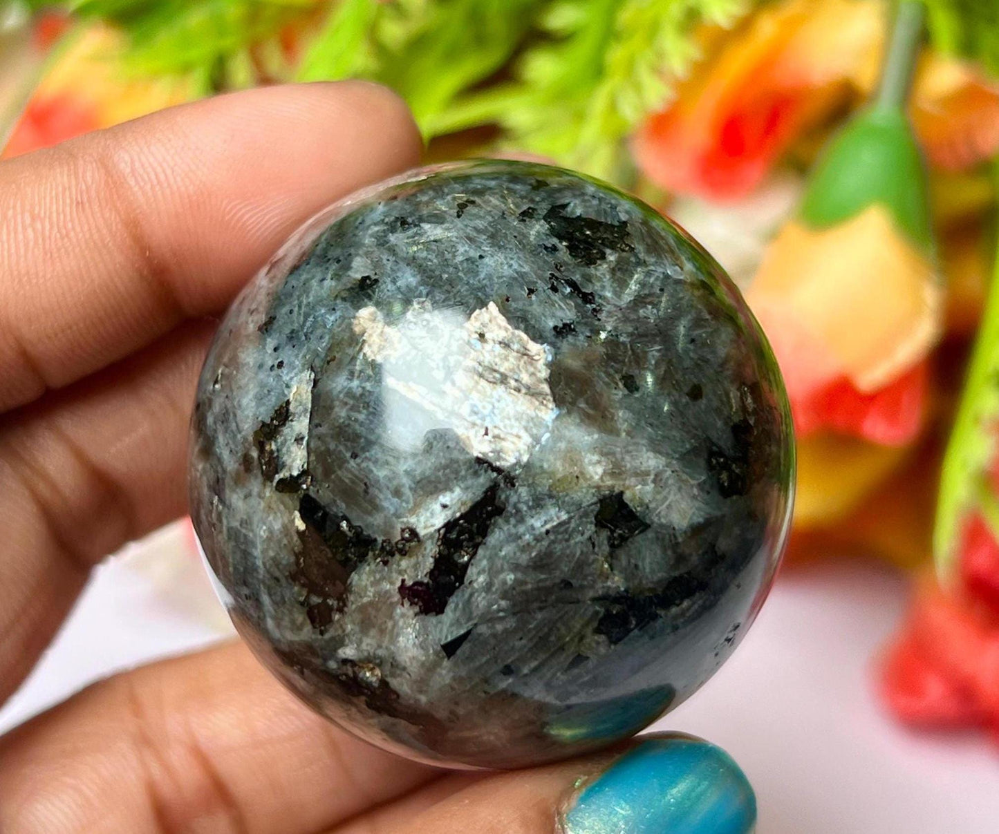 Larvikite Stone Norwegian Labradorite Sphere 40 MM Crystal Ball Orb Pocket Stone Meditation Space Crystal Grid With wooden Stand