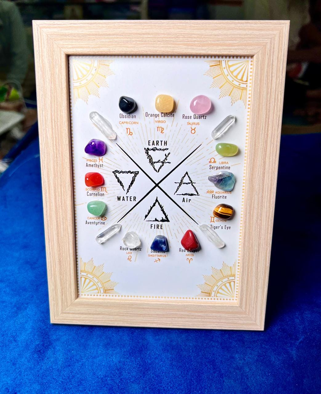 12 Zodiac Signs and 4 Elements Gemstone Crystal Set Decoration with Wooden Frame Gift for All