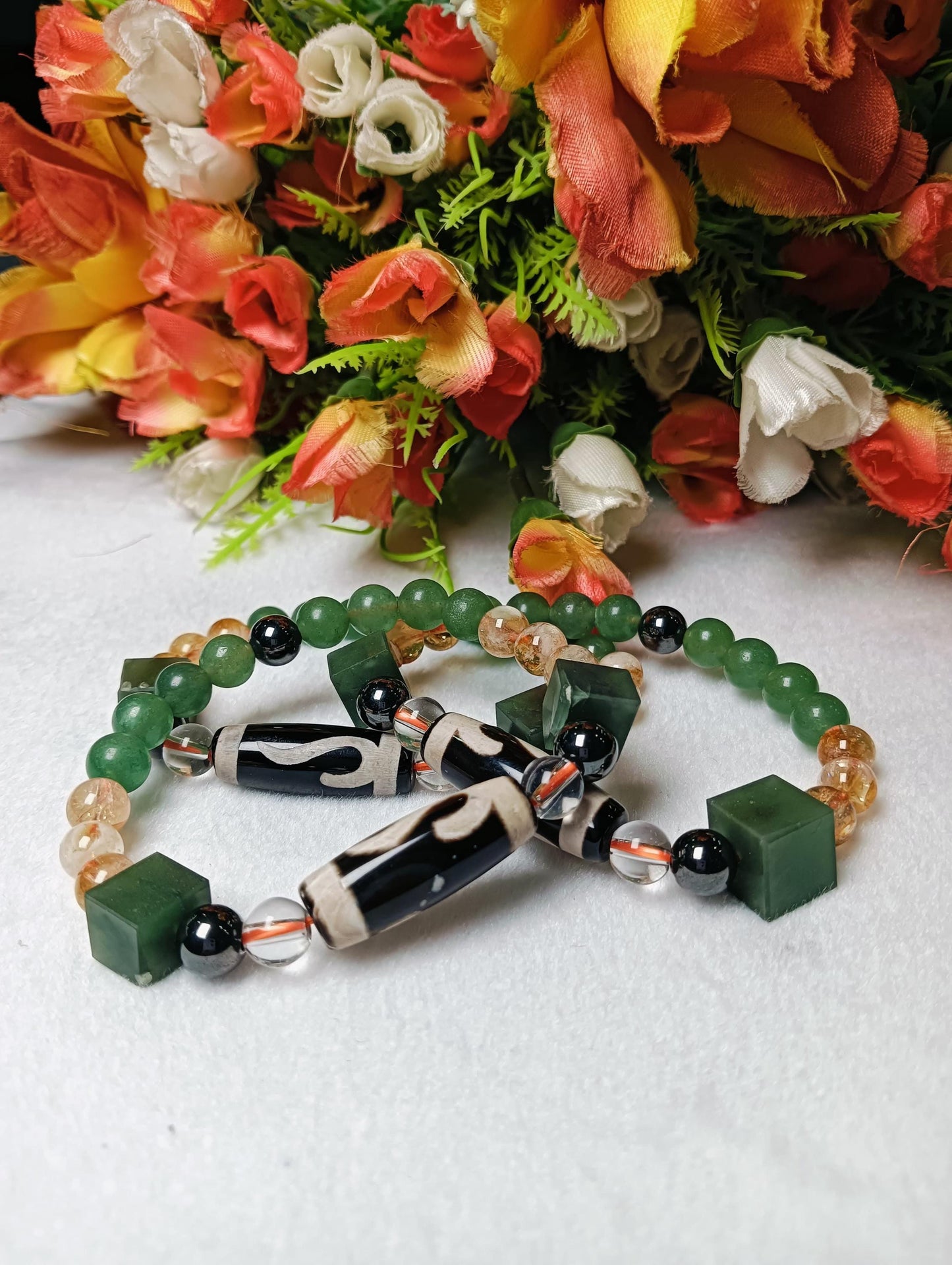 Fast Money Wealth Maker Bracelet with Tibetan Money Hook Dzi Stone, Citrine ,Green Aventurine ,Magnetite ,Himalaya Crystal Quartz