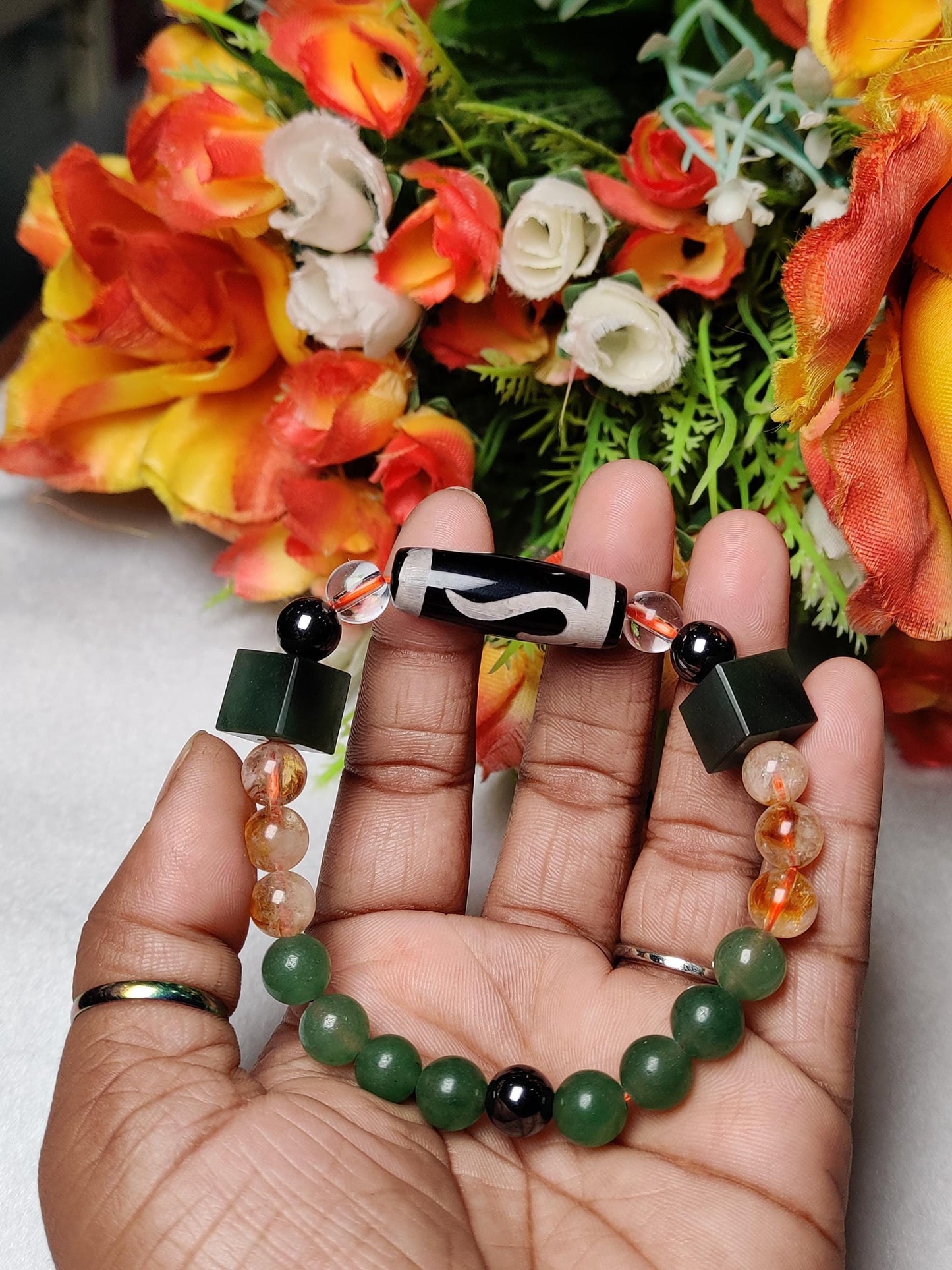 Fast Money Wealth Maker Bracelet with Tibetan Money Hook Dzi Stone, Citrine ,Green Aventurine ,Magnetite ,Himalaya Crystal Quartz