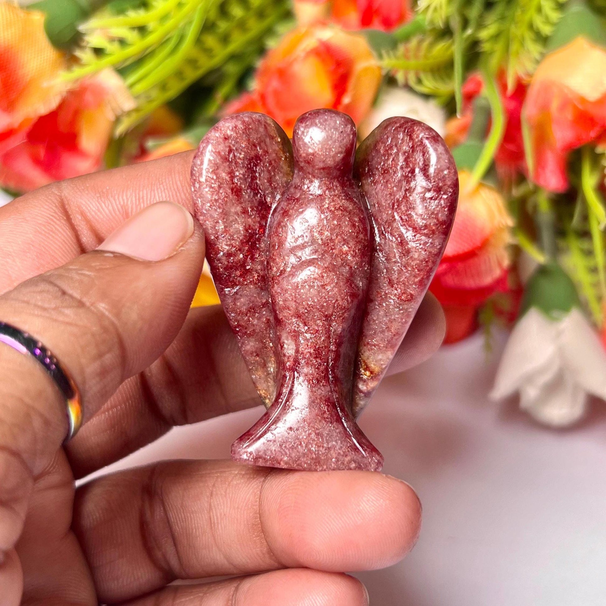 2" Angel Strawberry Quartz Stone Guardian Angel blessed Angelic connection