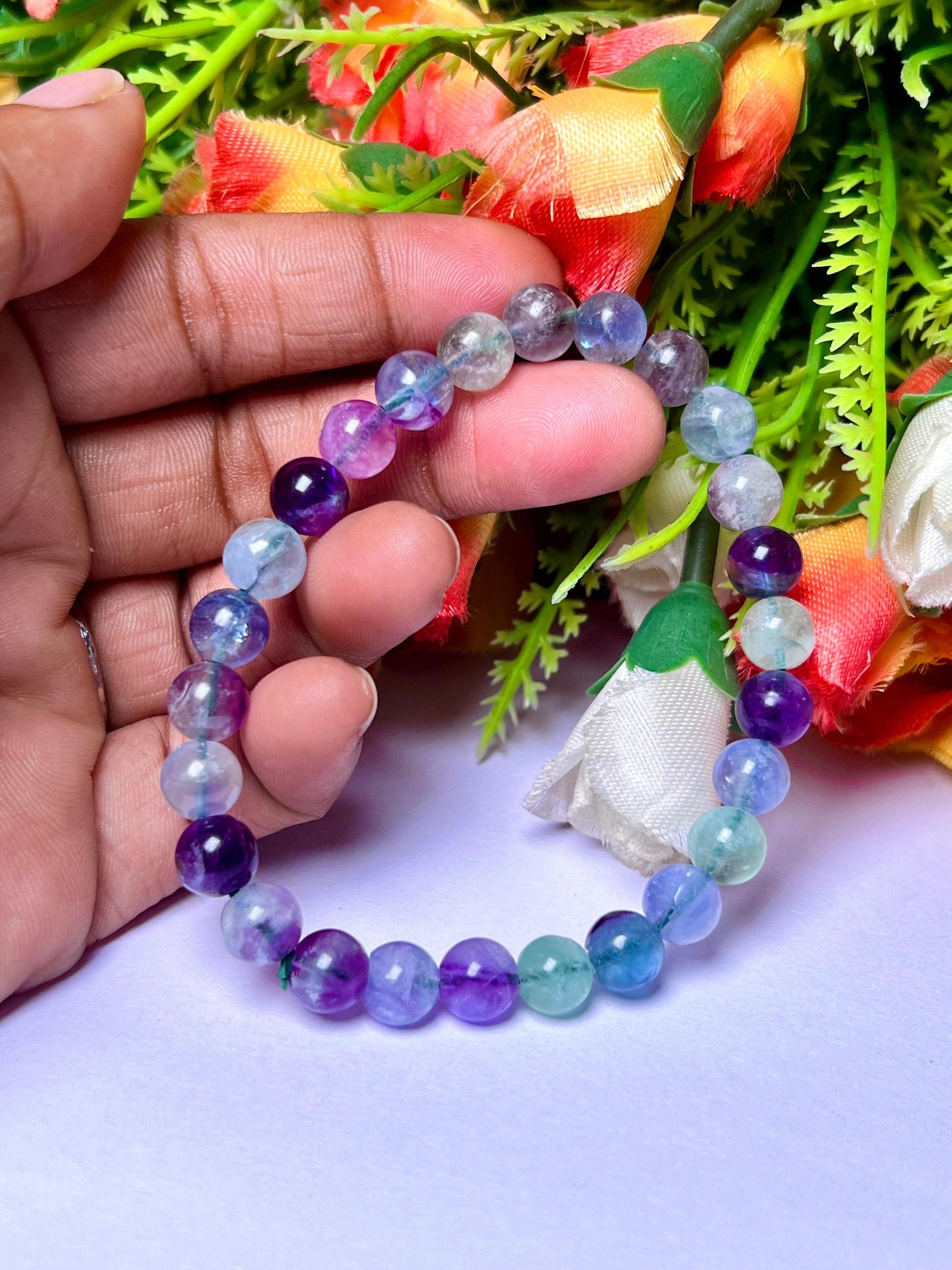 Rainbow Green Fluorite Stone Bracelet l Stretchable Bracelet l Unisex Bracelet l 8 MM Bracelet