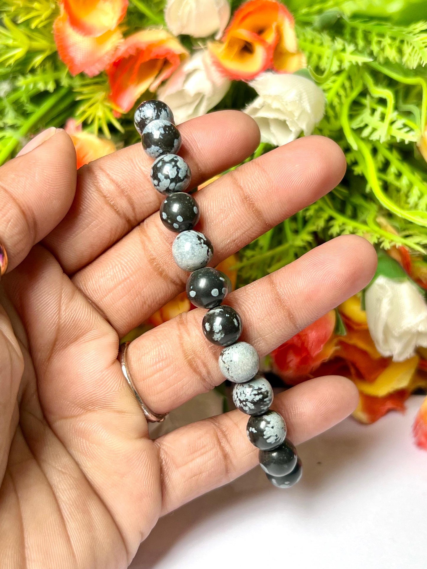 Snowflake Obsidian Stone Bracelet l Stretchable Bracelet l Unisex Bracelet l 8 MM Bracelet