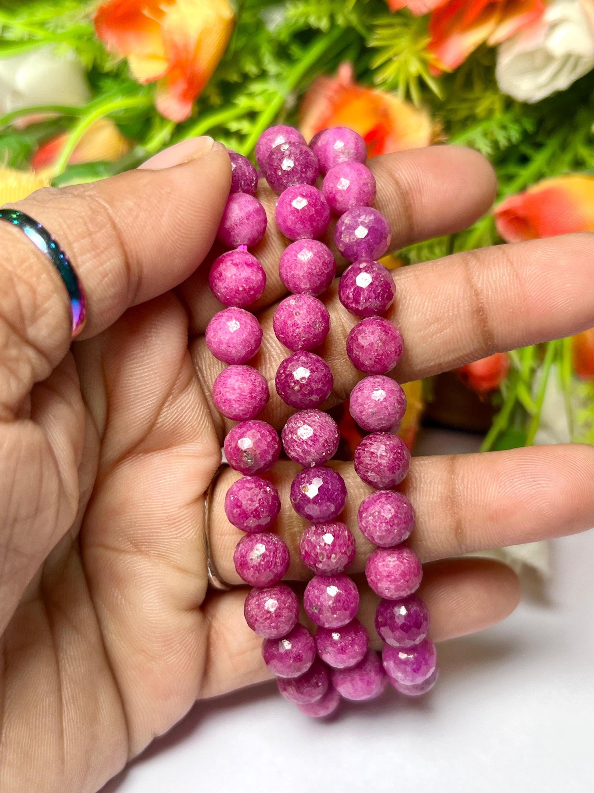 Faceted Ruby Stone Bracelet l Stretchable Bracelet l Unisex Bracelet l 8 MM Bracelet