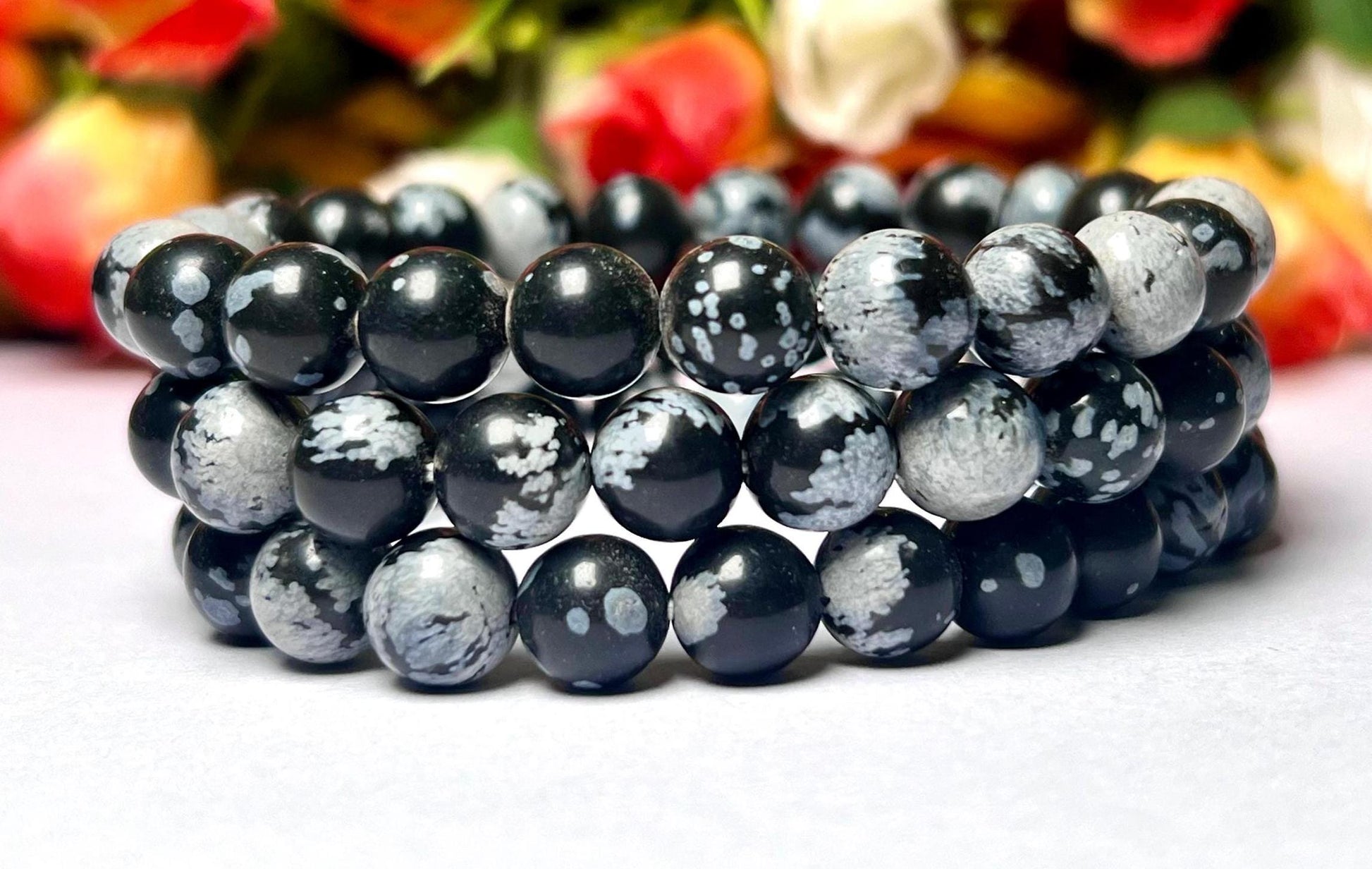 Snowflake Obsidian Stone Bracelet l Stretchable Bracelet l Unisex Bracelet l 8 MM Bracelet