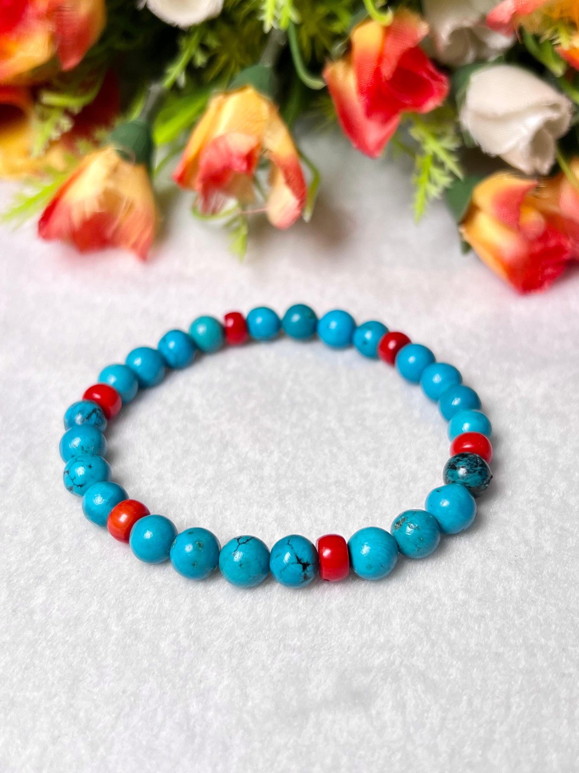 Natural Genuine Blue Turquoise With Red Coral Stone Bracelet l Stretchable Bracelet l Unisex Bracelet l 6 MM Bracelet