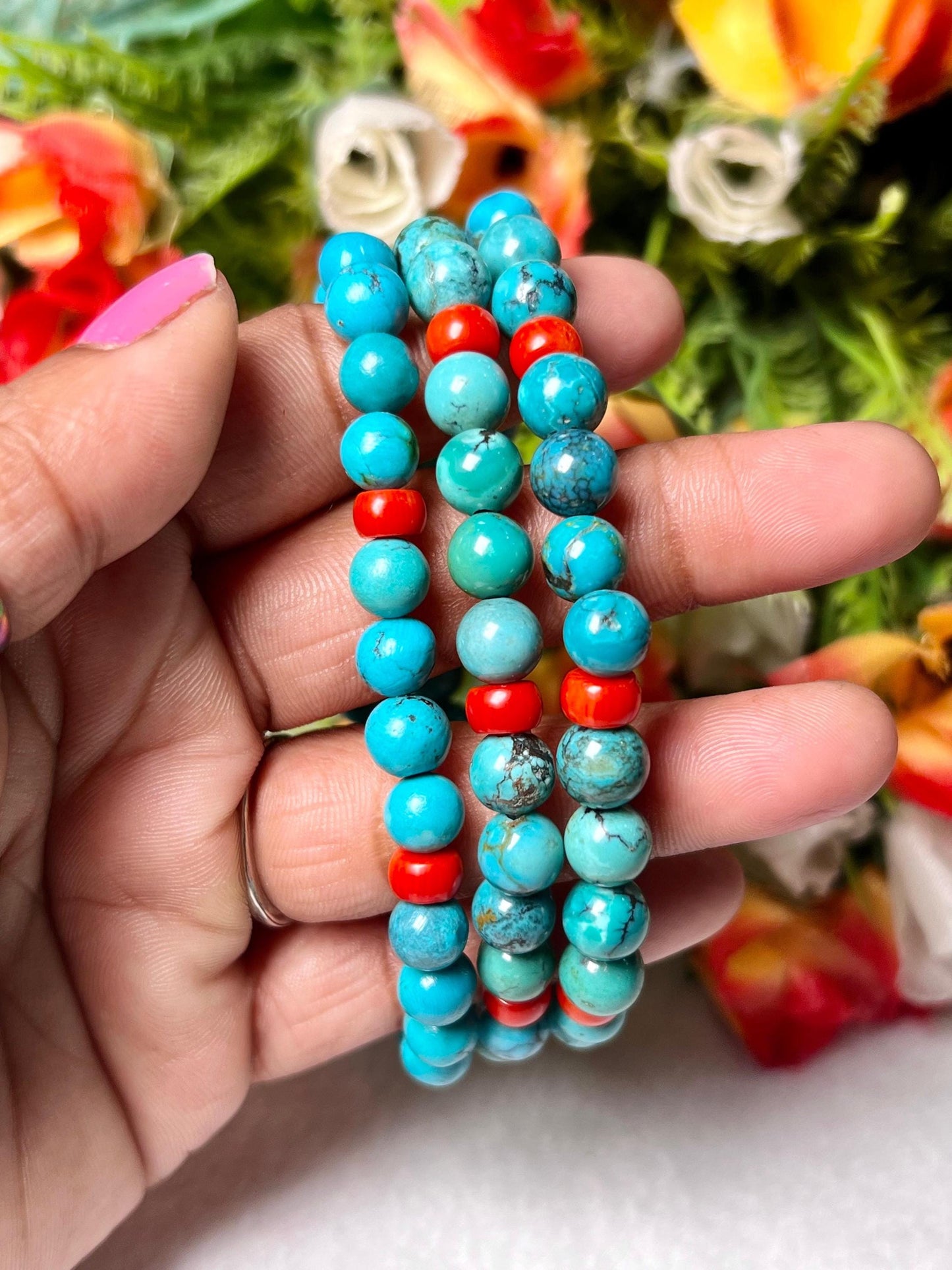 Natural Genuine Blue Turquoise With Red Coral Stone Bracelet l Stretchable Bracelet l Unisex Bracelet l 6 MM Bracelet