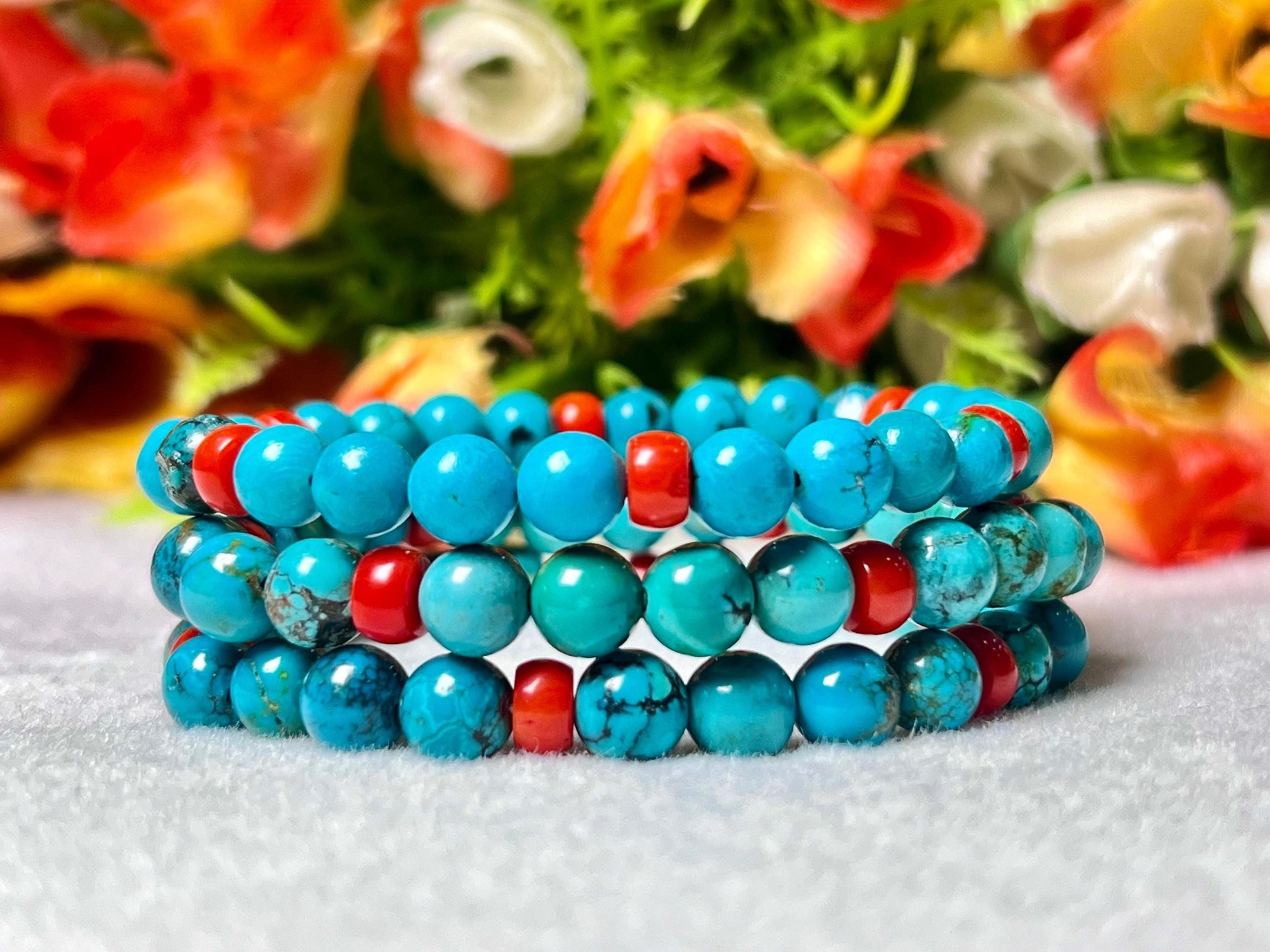 Natural Genuine Blue Turquoise With Red Coral Stone Bracelet l Stretchable Bracelet l Unisex Bracelet l 6 MM Bracelet