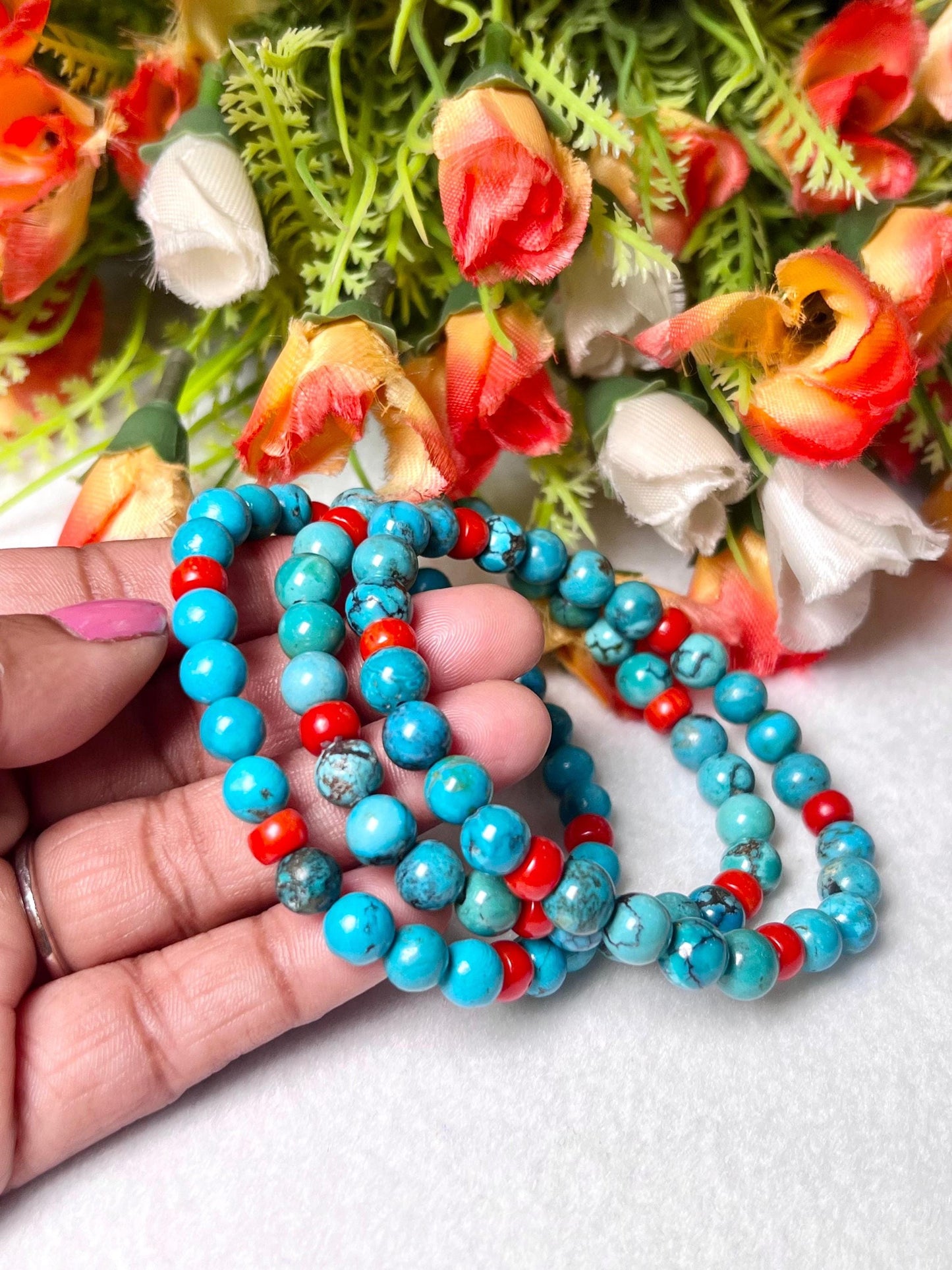 Natural Genuine Blue Turquoise With Red Coral Stone Bracelet l Stretchable Bracelet l Unisex Bracelet l 6 MM Bracelet