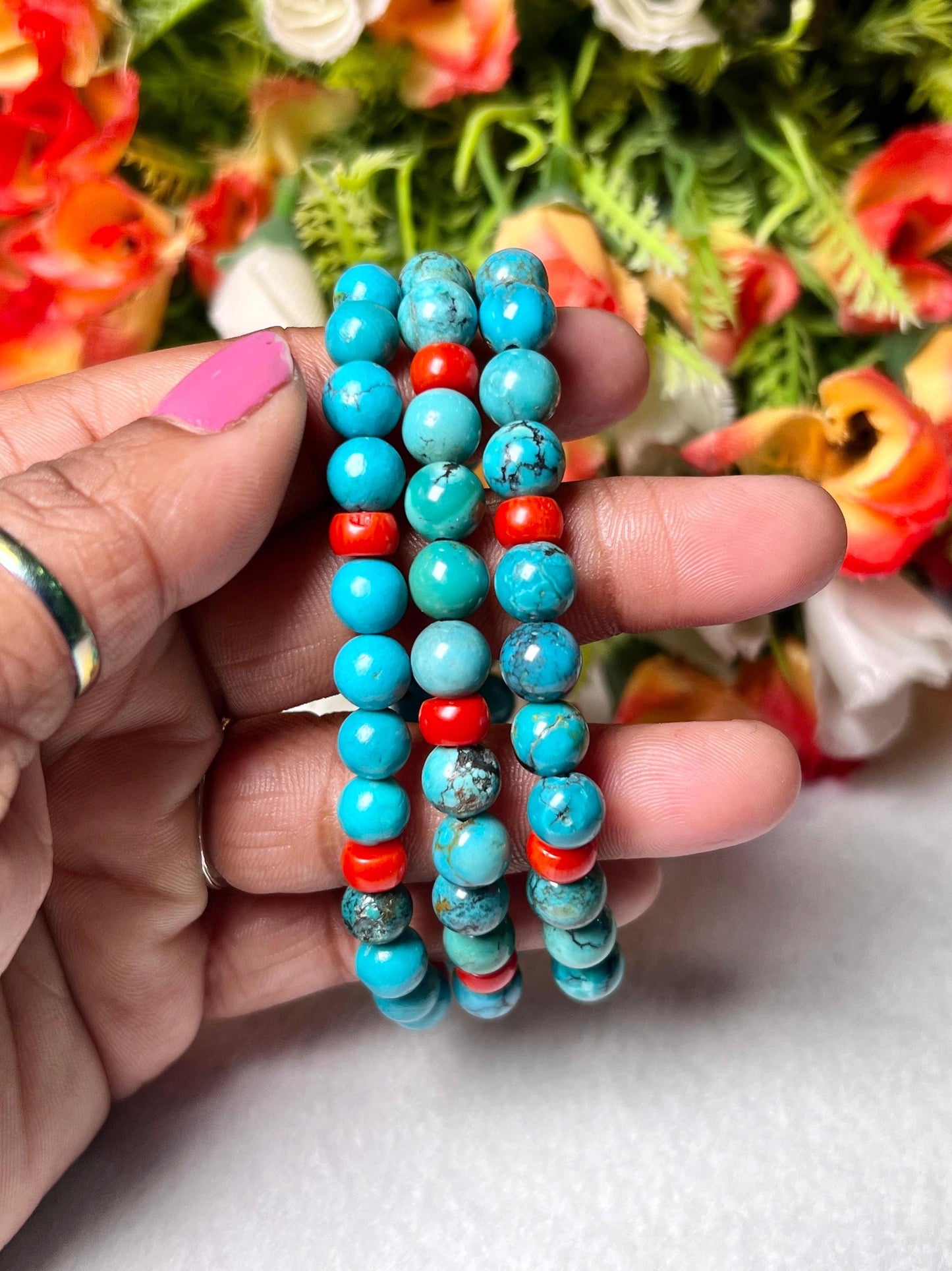 Natural Genuine Blue Turquoise With Red Coral Stone Bracelet l Stretchable Bracelet l Unisex Bracelet l 6 MM Bracelet