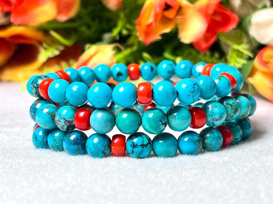 Natural Genuine Blue Turquoise With Red Coral Stone Bracelet l Stretchable Bracelet l Unisex Bracelet l 6 MM Bracelet