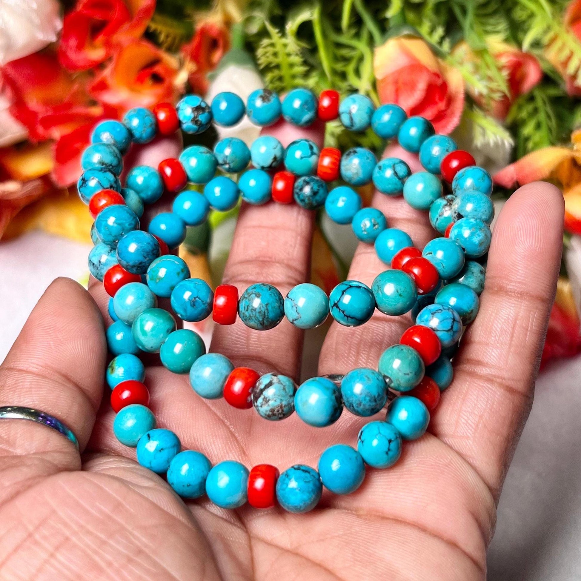 Natural Genuine Blue Turquoise With Red Coral Stone Bracelet l Stretchable Bracelet l Unisex Bracelet l 6 MM Bracelet