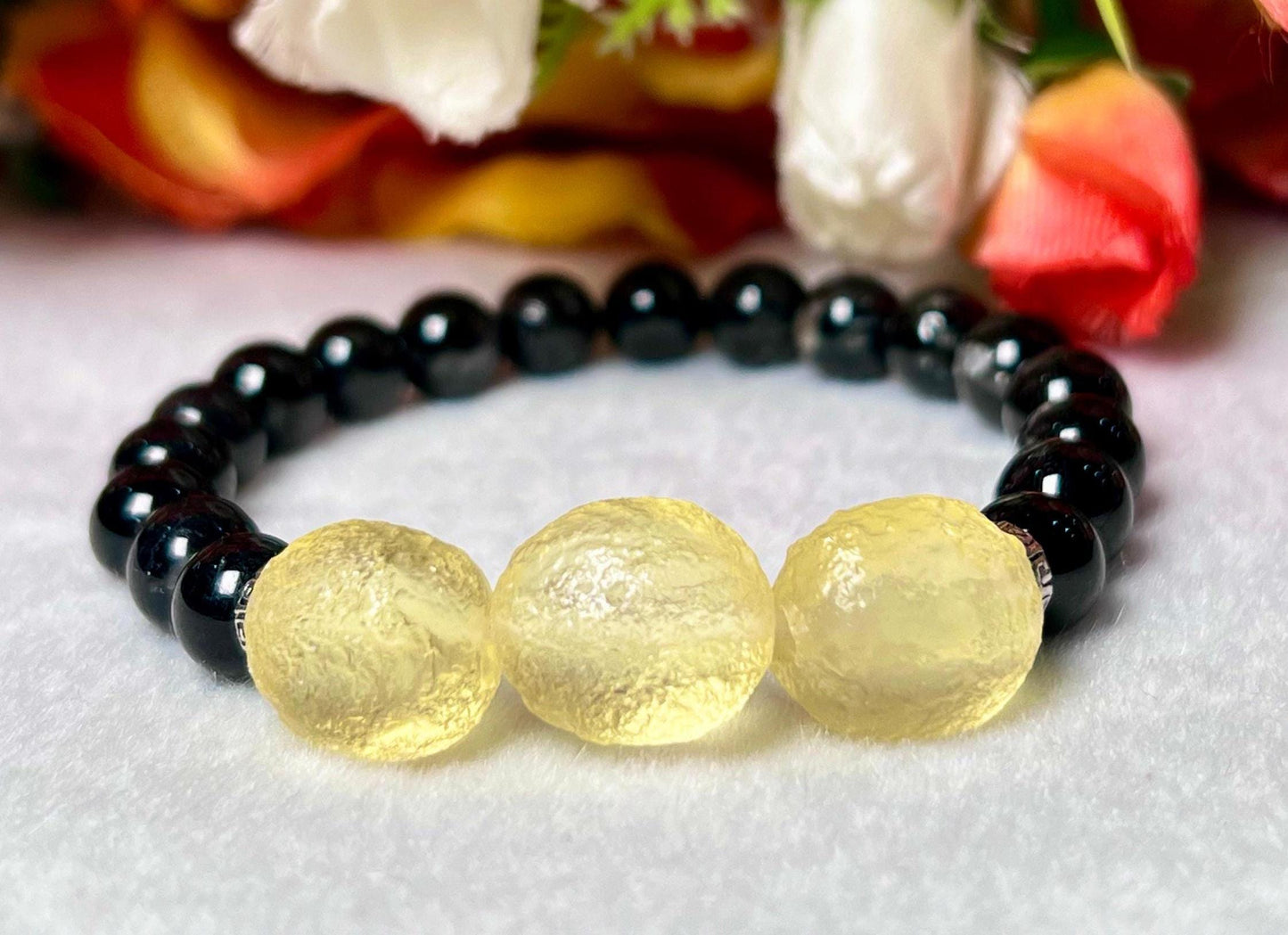 12 MM Libyan Desert Tektite Glass Stone With 8 MM Black Tourmaline Stone Bracelet l Stretchable Bracelet l Unisex Bracelet