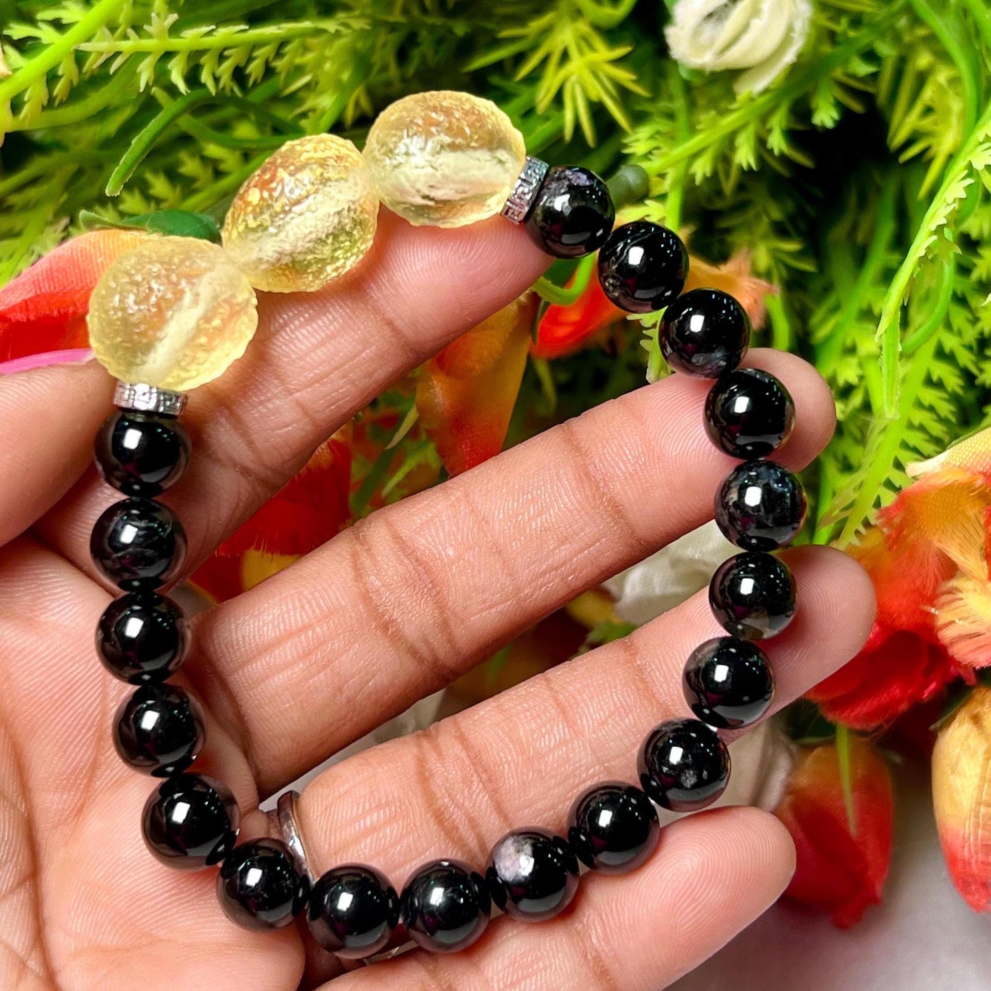 12 MM Libyan Desert Tektite Glass Stone With 8 MM Black Tourmaline Stone Bracelet l Stretchable Bracelet l Unisex Bracelet